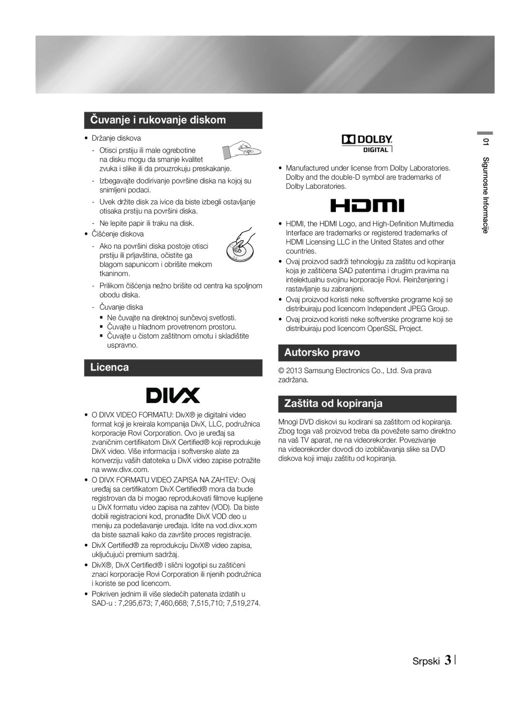 Samsung HT-F455/EN manual Čuvanje i rukovanje diskom, Licenca, Autorsko pravo Zaštita od kopiranja, Držanje diskova 