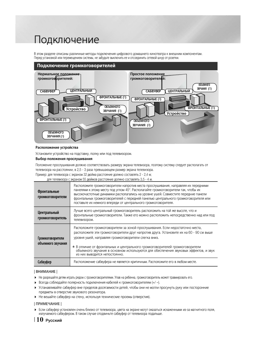 Samsung HT-F455K/RU, HT-F453K/RU manual Подключение громкоговорителей, Фронтальные, Центральный, Сабвуфер 