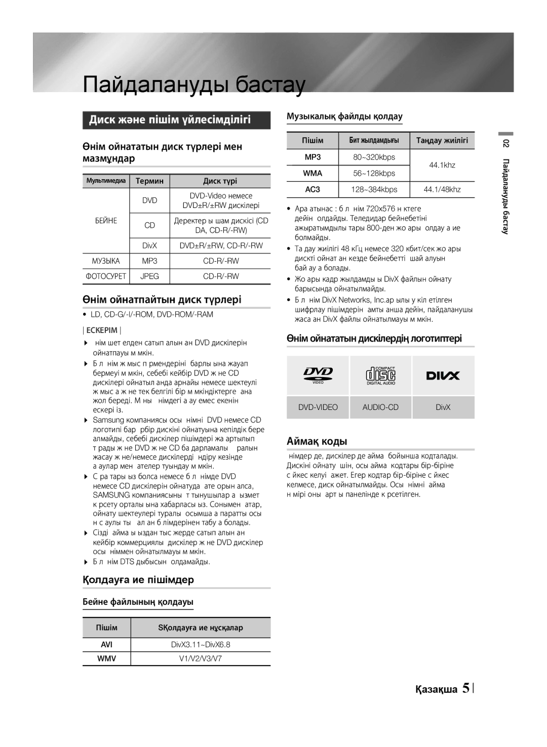 Samsung HT-F455K/RU manual Пайдалануды бастау, Диск және пішім үйлесімділігі, Өнім ойнатпайтын диск түрлері, Аймақ коды 