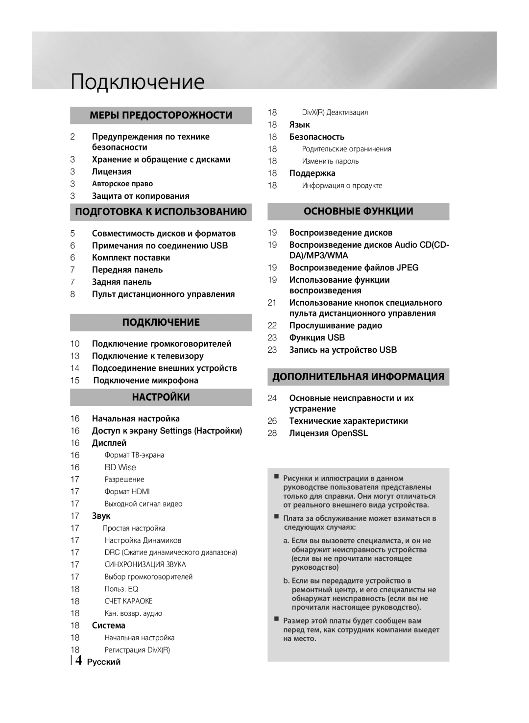 Samsung HT-F455K/RU, HT-F453K/RU manual Подключение, Основные Функции 19 Воспроизведение дисков 