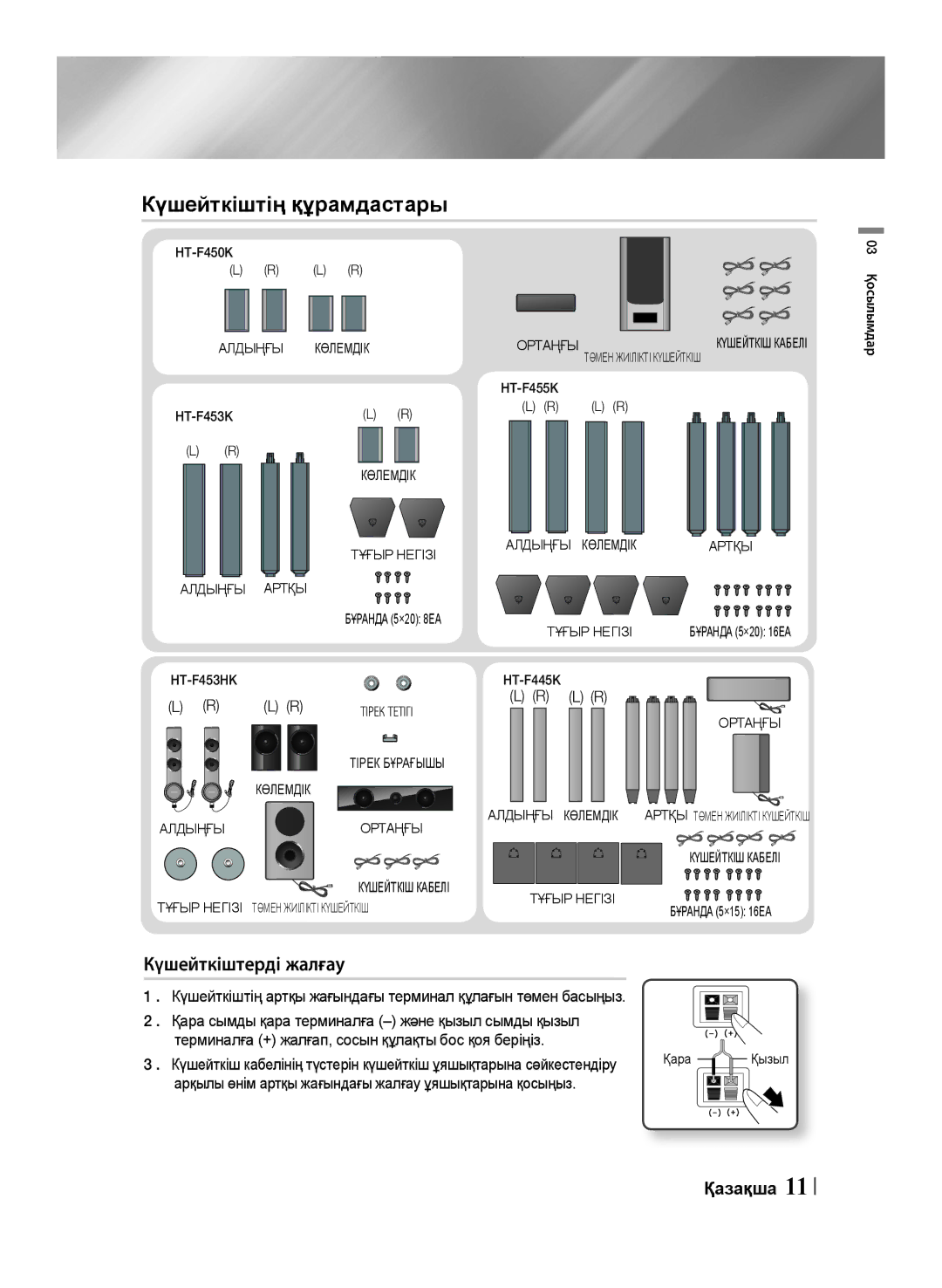 Samsung HT-F455K/RU, HT-F453K/RU manual Күшейткіштерді жалғау, Терминалға + жалғап, сосын құлақты бос қоя беріңіз 