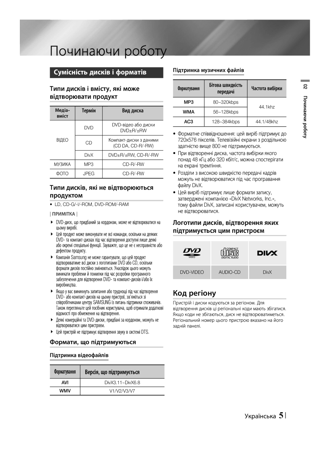 Samsung HT-F453K/RU, HT-F455K/RU manual Починаючи роботу, Код регіону, Сумісність дисків і форматів 