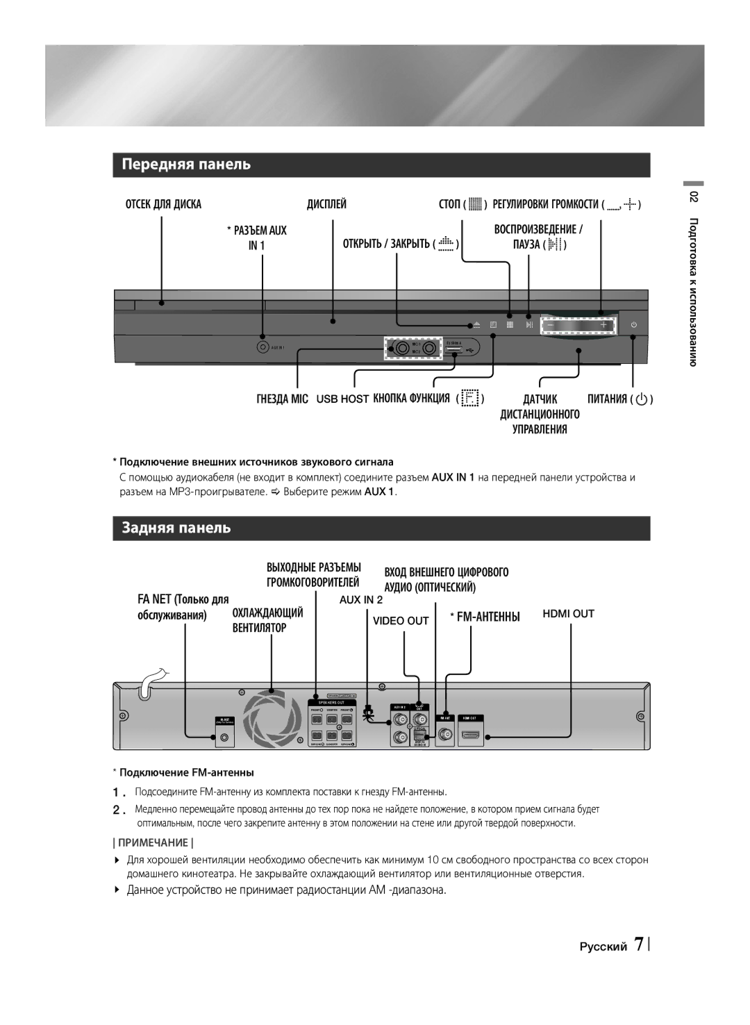 Samsung HT-F453K/RU, HT-F455K/RU manual Передняя панель, Задняя панель, Обслуживания 