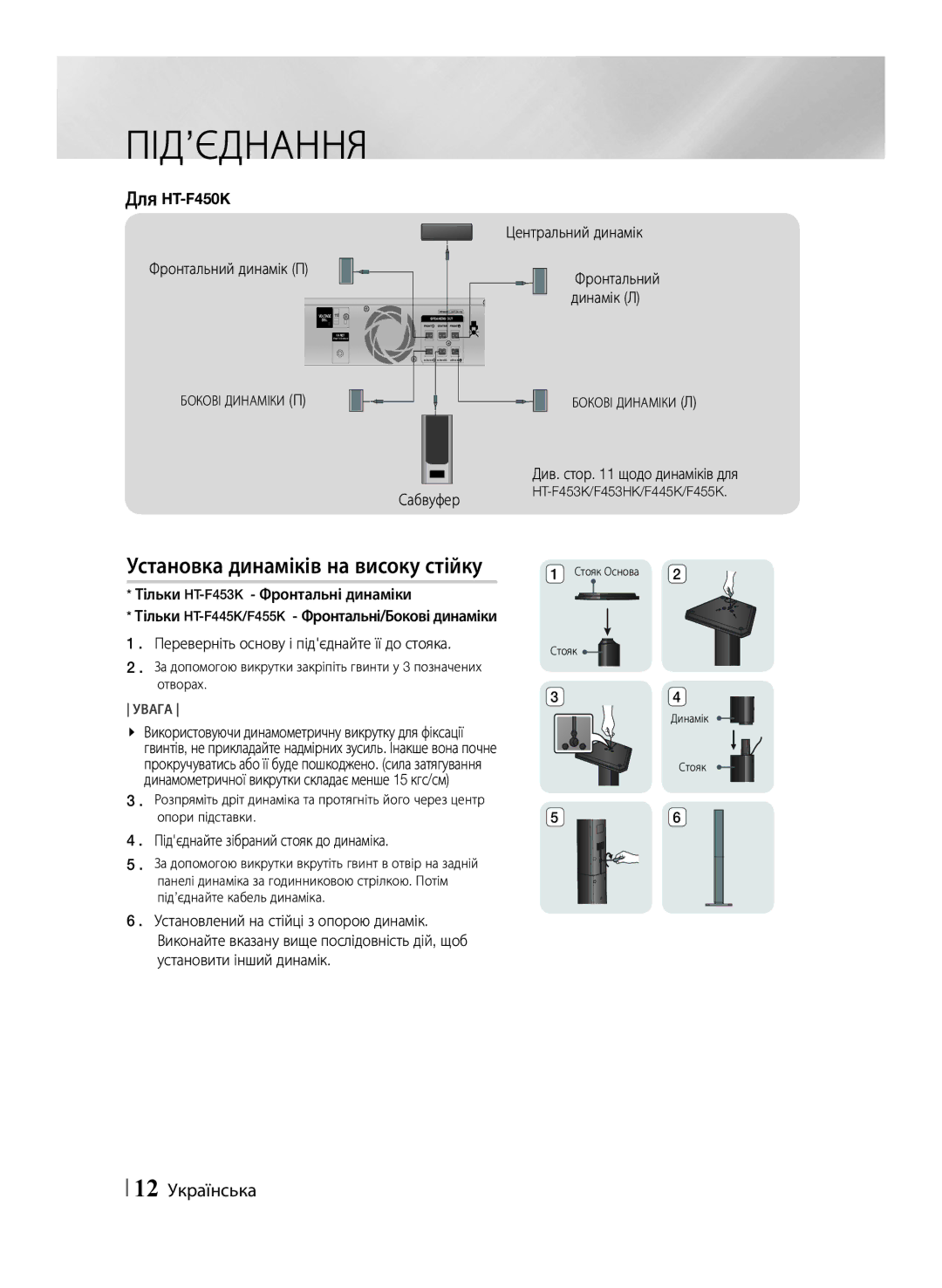 Samsung HT-F455K/RU manual Установка динаміків на високу стійку, 12 Українська, Фронтальний динамік П, Бокові Динаміки П 