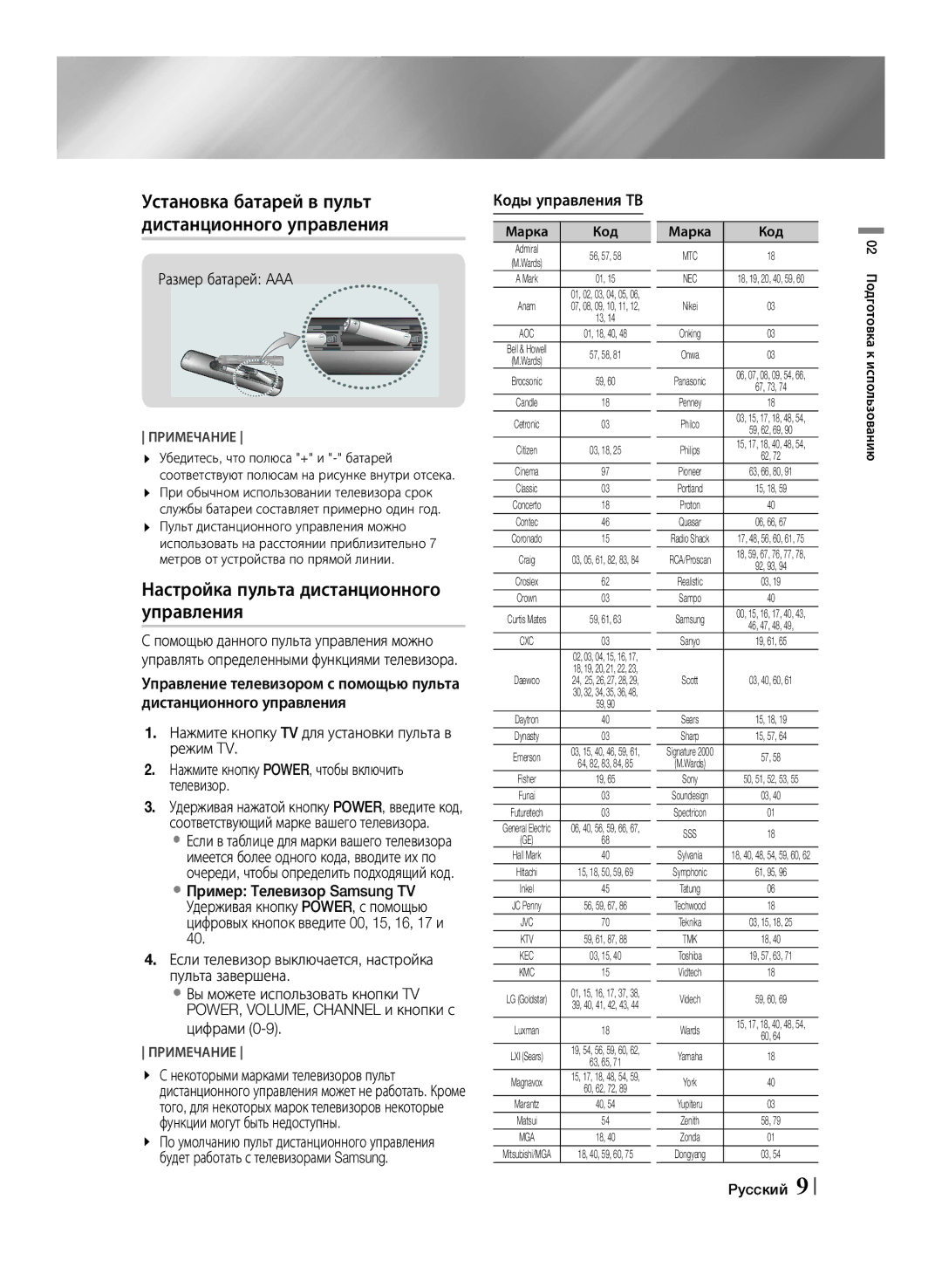 Samsung HT-F453K/RU manual Установка батарей в пульт дистанционного управления, Настройка пульта дистанционного управления 