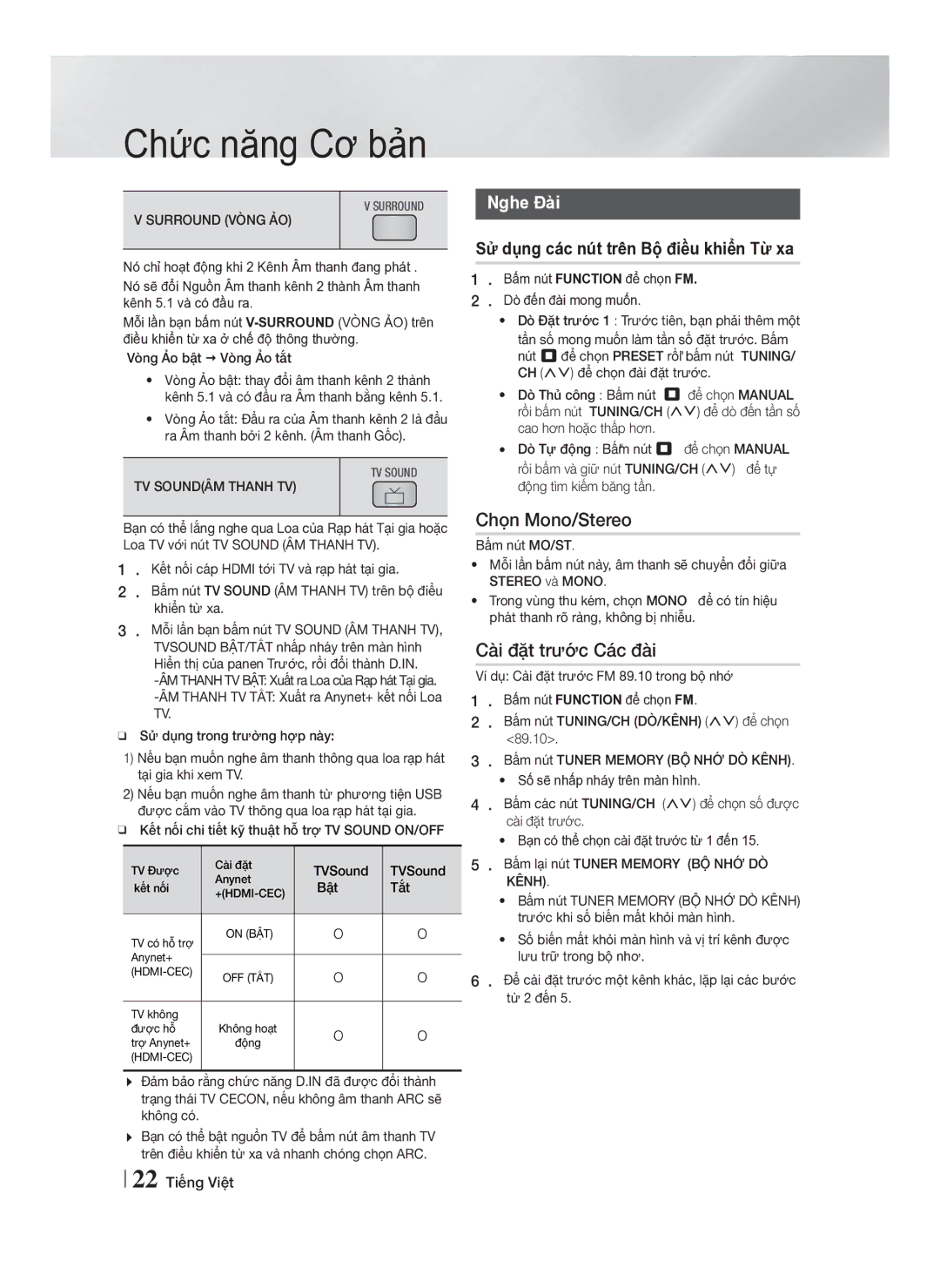 Samsung HT-F455RK/XV manual Chọn Mono/Stereo, Cài đặt trước Các đài, Nghe Đài, Sử dụng các nút trên Bộ điều khiển Từ xa 