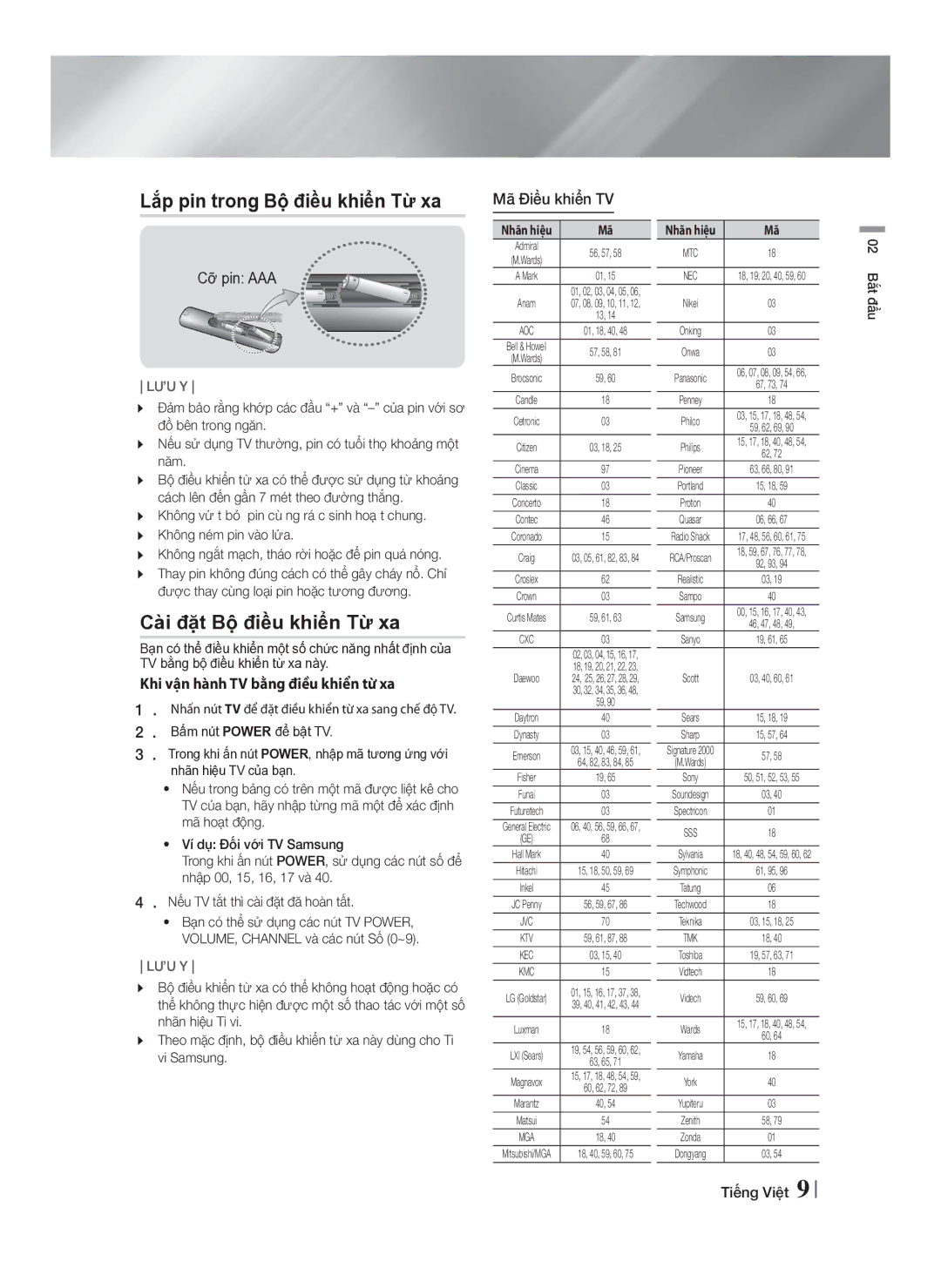 Samsung HT-F455RK/XV manual Lắp pin trong Bộ điều khiển Từ xa, Cài đặt Bộ điều khiển Từ xa, Cỡ pin AAA, Mã Điều khiển TV 