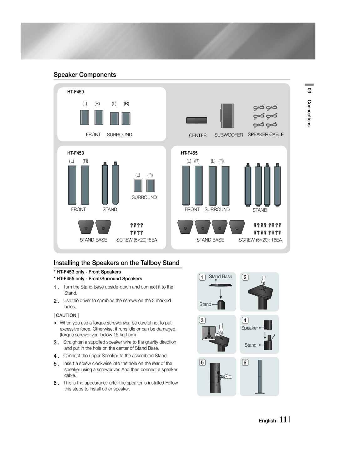 Samsung HT-F455/EN, HT-F455/TK manual Speaker Components, Installing the Speakers on the Tallboy Stand 