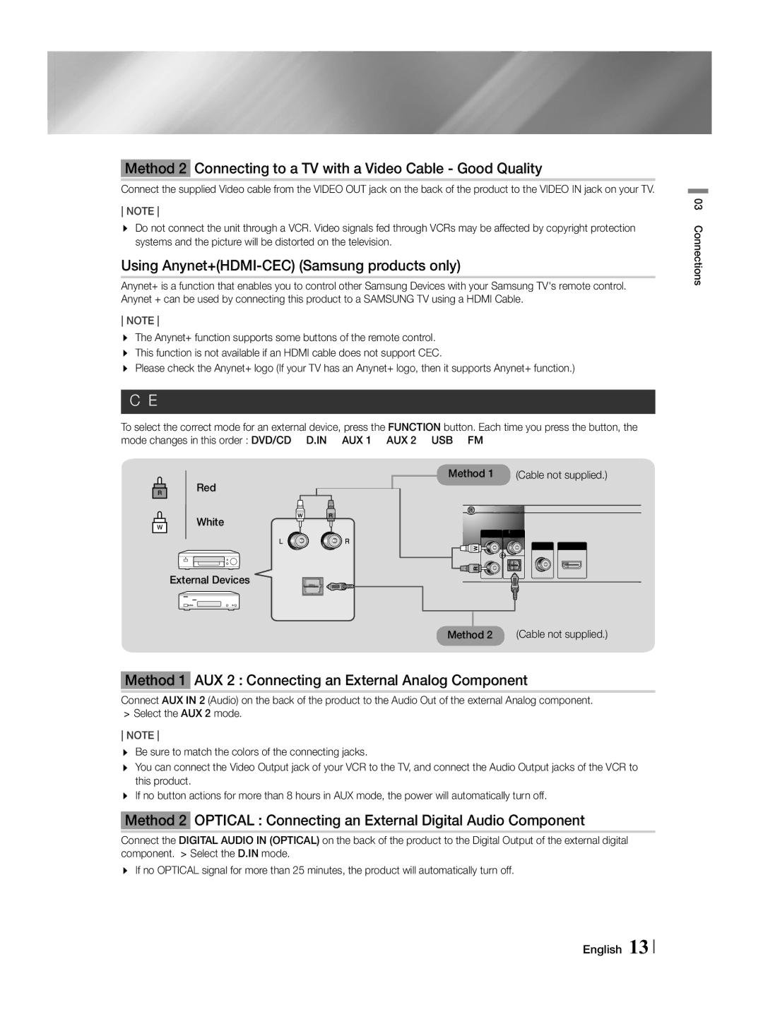 Samsung HT-F455/EN, HT-F455/TK Method 2 Connecting to a TV with a Video Cable Good Quality, Connecting to External Devices 