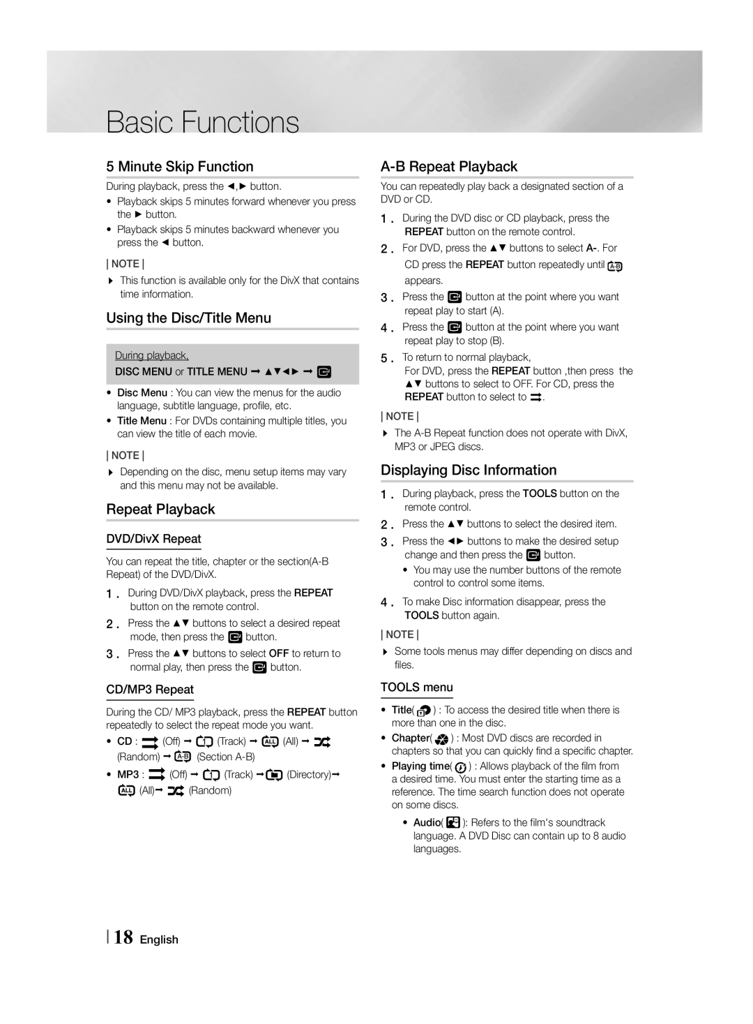 Samsung HT-F455/TK manual Minute Skip Function, Using the Disc/Title Menu, Repeat Playback, Displaying Disc Information 