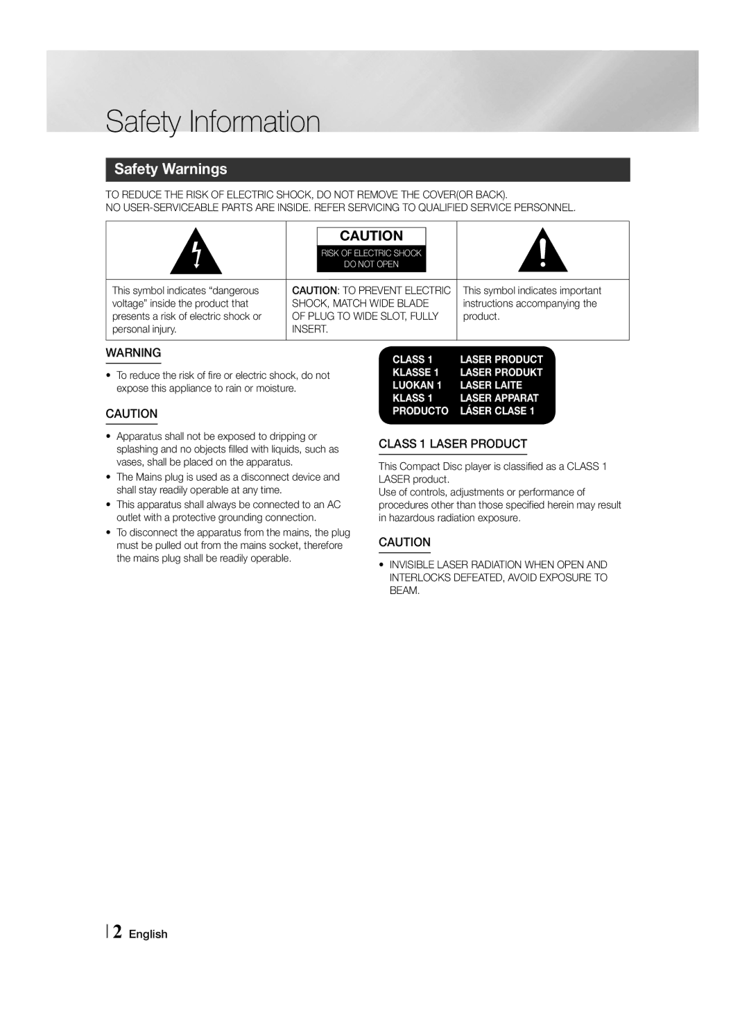 Samsung HT-F455/TK, HT-F455/EN manual Safety Information, Safety Warnings, SHOCK, Match Wide Blade, Insert 