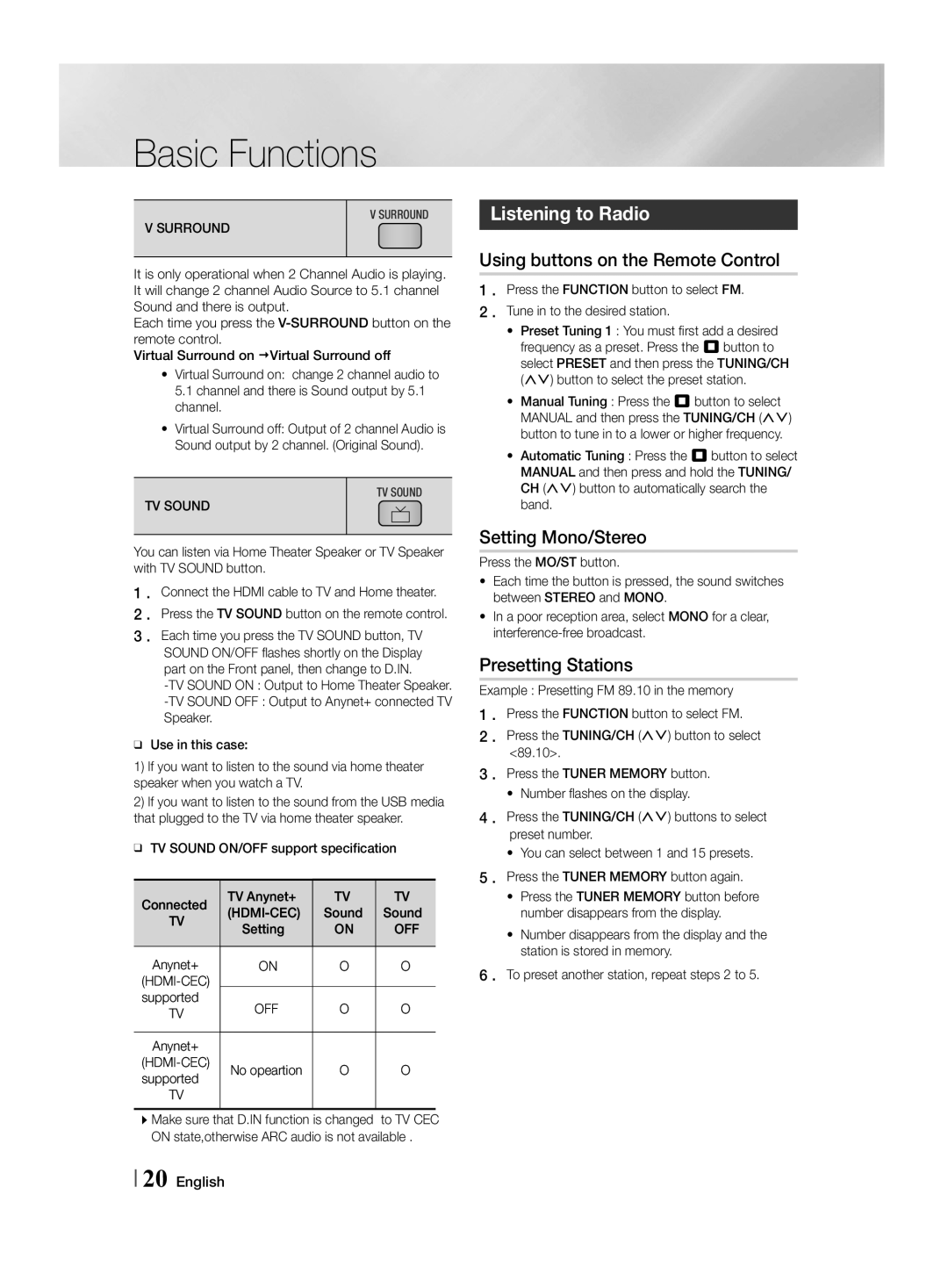 Samsung HT-F455/TK manual Listening to Radio, Using buttons on the Remote Control, Setting Mono/Stereo, Presetting Stations 