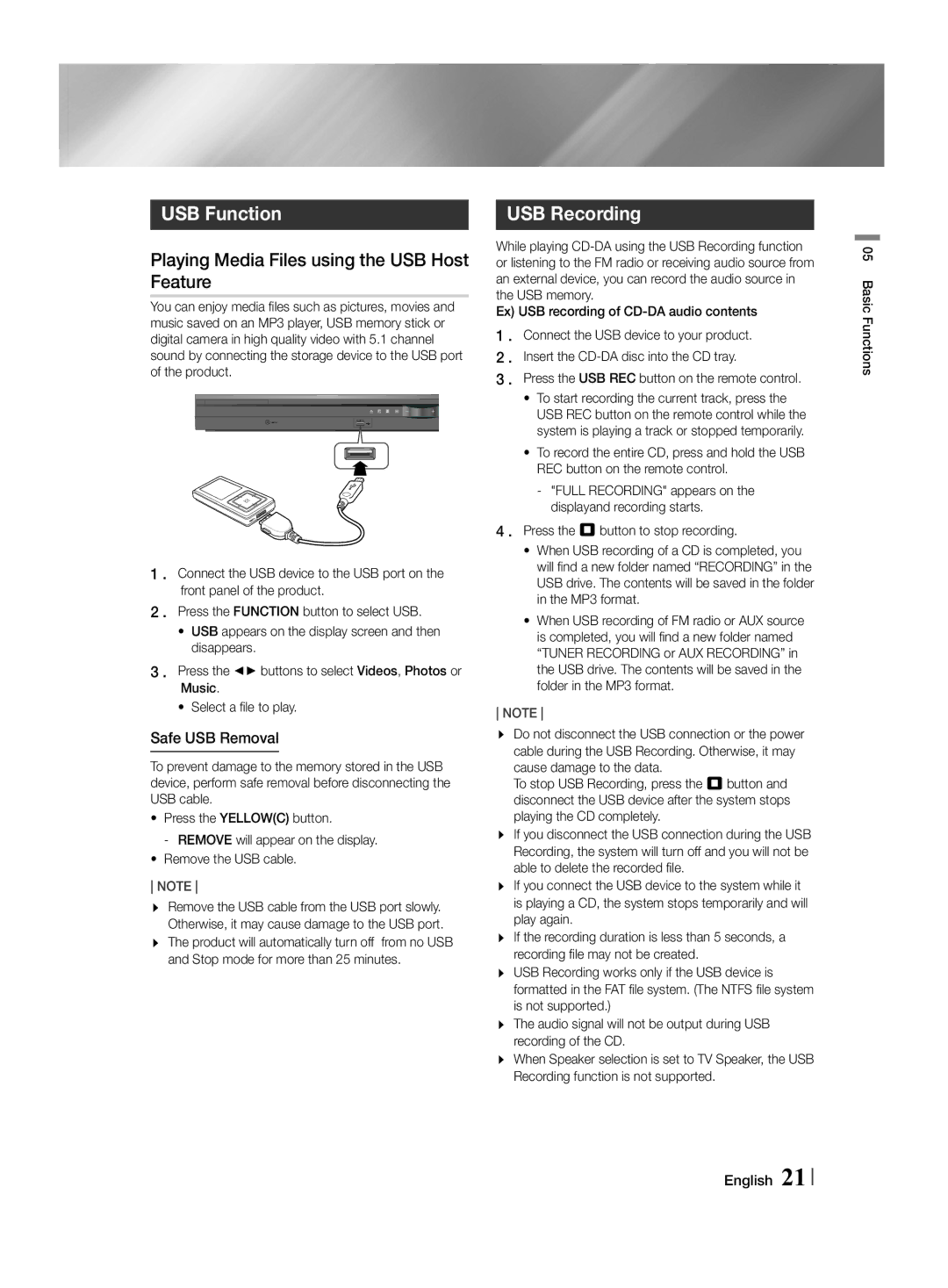 Samsung HT-F455/EN manual USB Function, Playing Media Files using the USB Host Feature, USB Recording, Safe USB Removal 