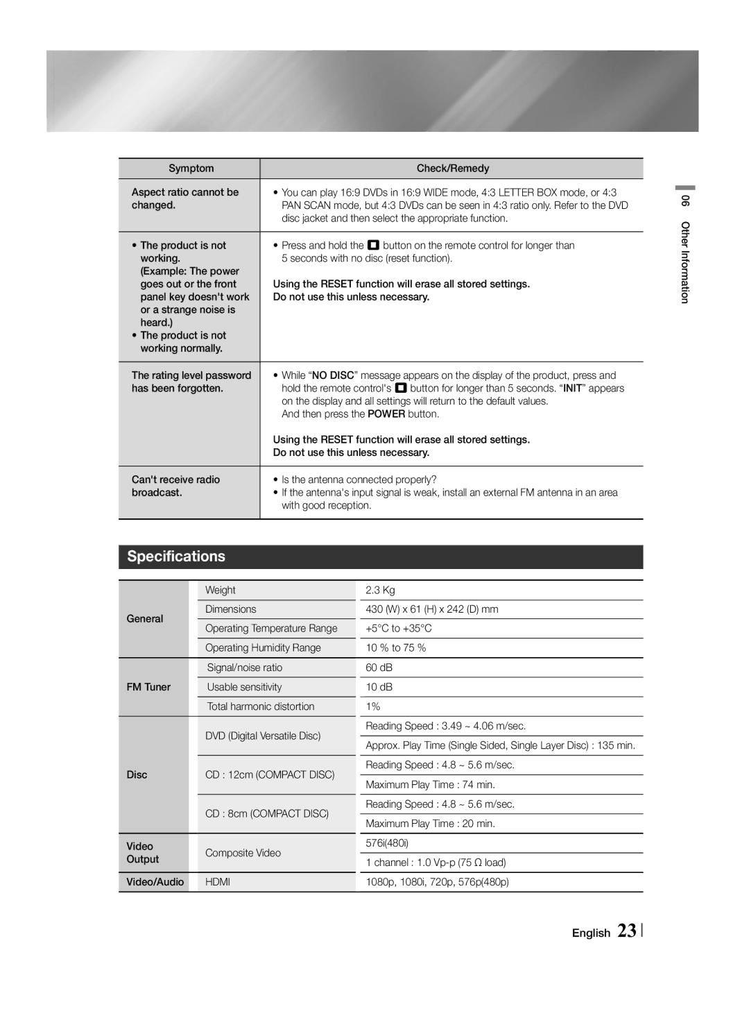 Samsung HT-F455/EN, HT-F455/TK manual Specifications, Hdmi 