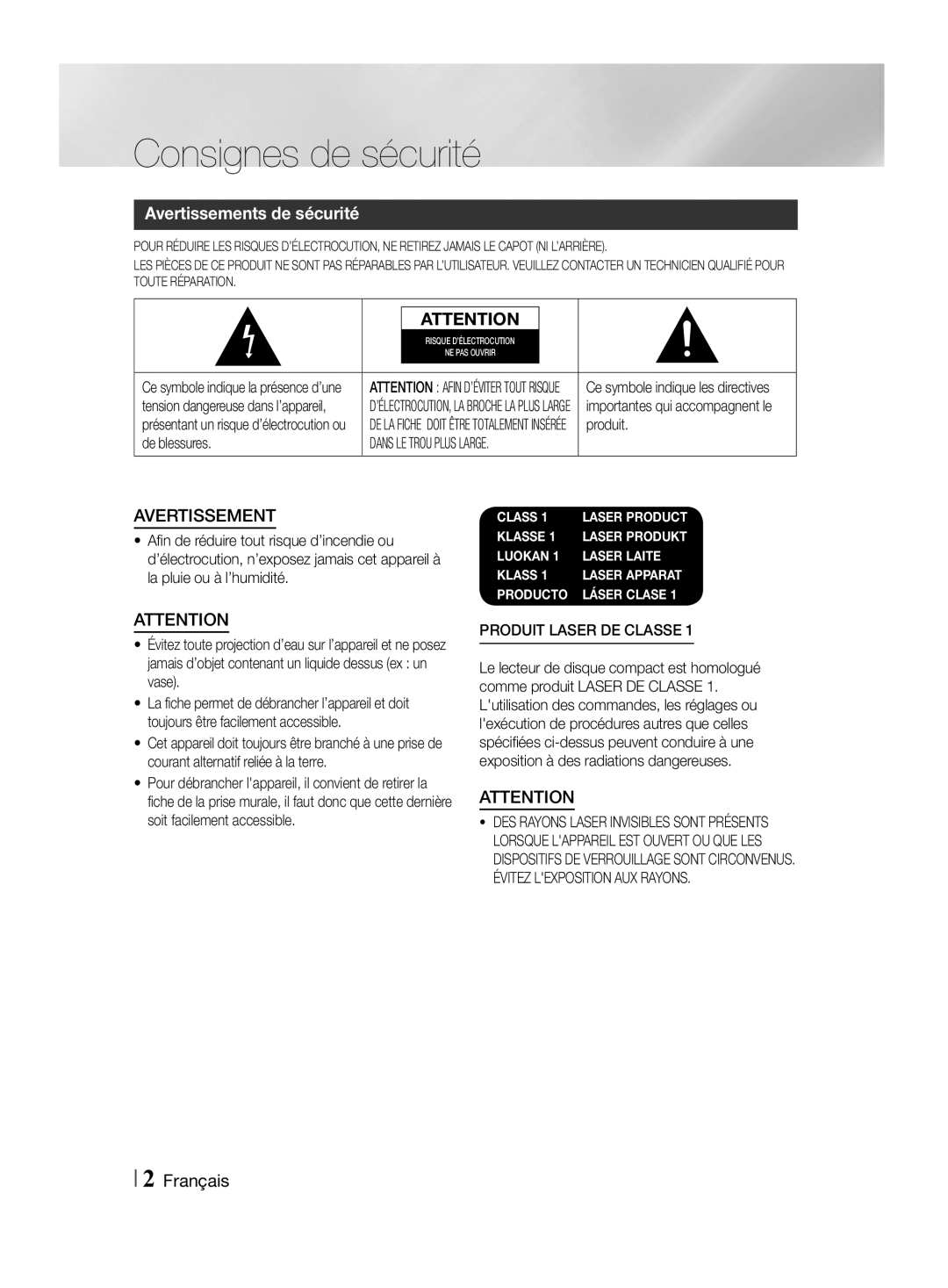 Samsung HT-F455/TK, HT-F455/EN manual Consignes de sécurité, Avertissements de sécurité, Français, Produit, De blessures 