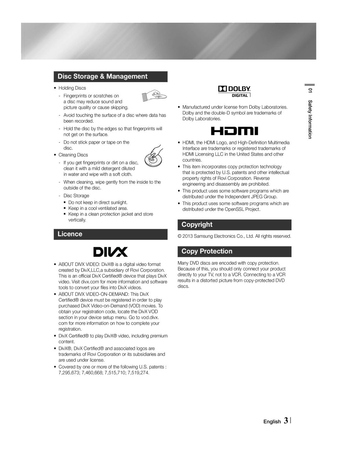 Samsung HT-F455/EN, HT-F455/TK manual Disc Storage & Management, Licence, Copyright Copy Protection, Holding Discs 