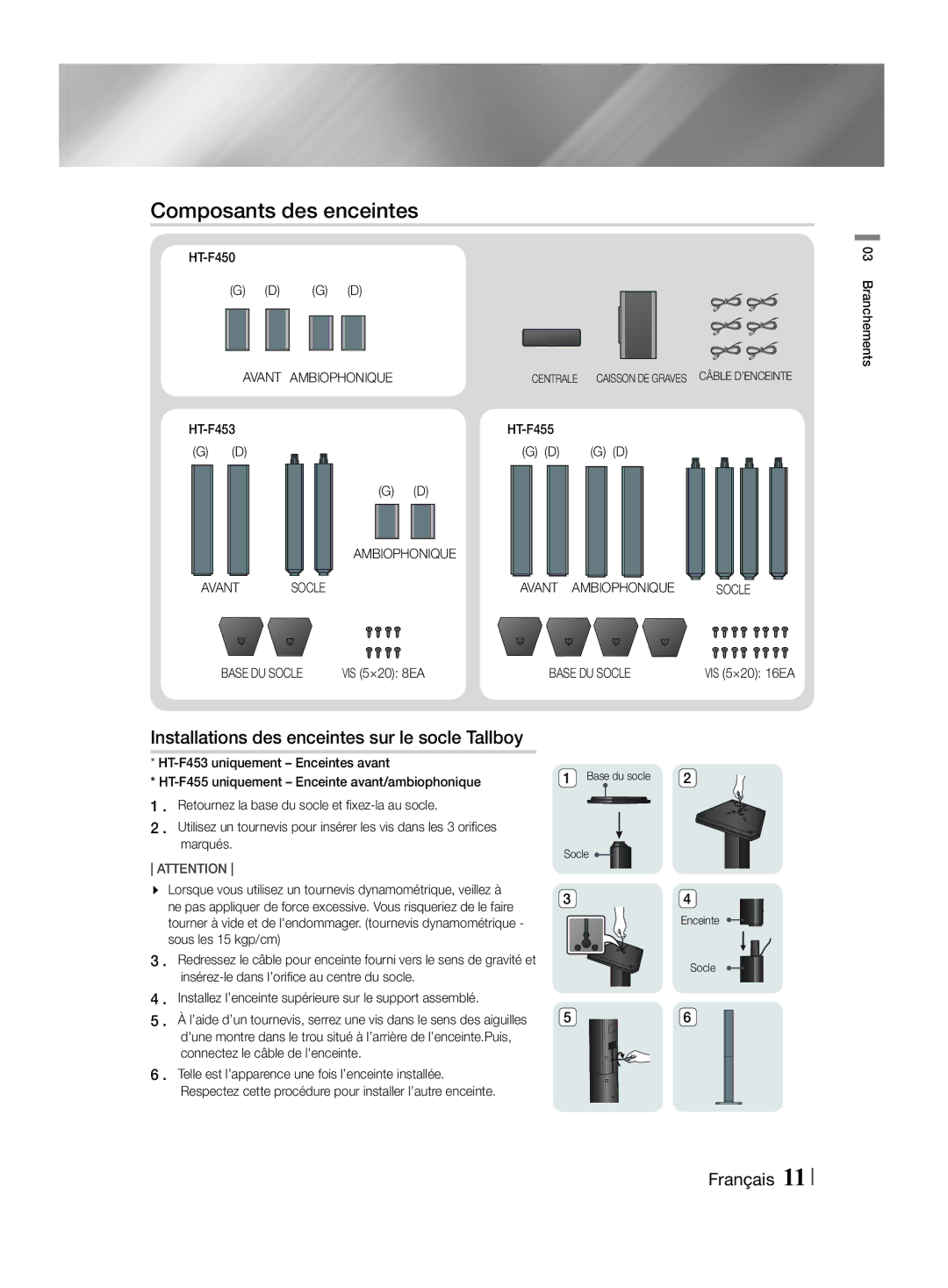 Samsung HT-F455/EN manual Installations des enceintes sur le socle Tallboy, Avant Ambiophonique, Ambiophonique Avant Socle 