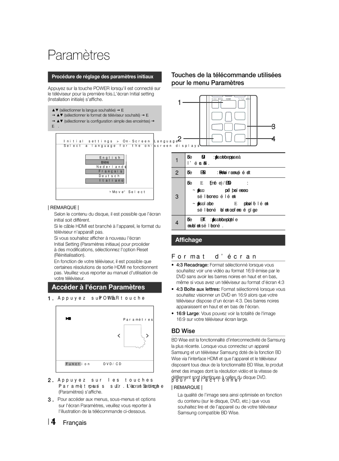 Samsung HT-F455/TK, HT-F455/EN manual Accéder à lécran Paramètres, Affichage, Format d’écran, BD Wise 