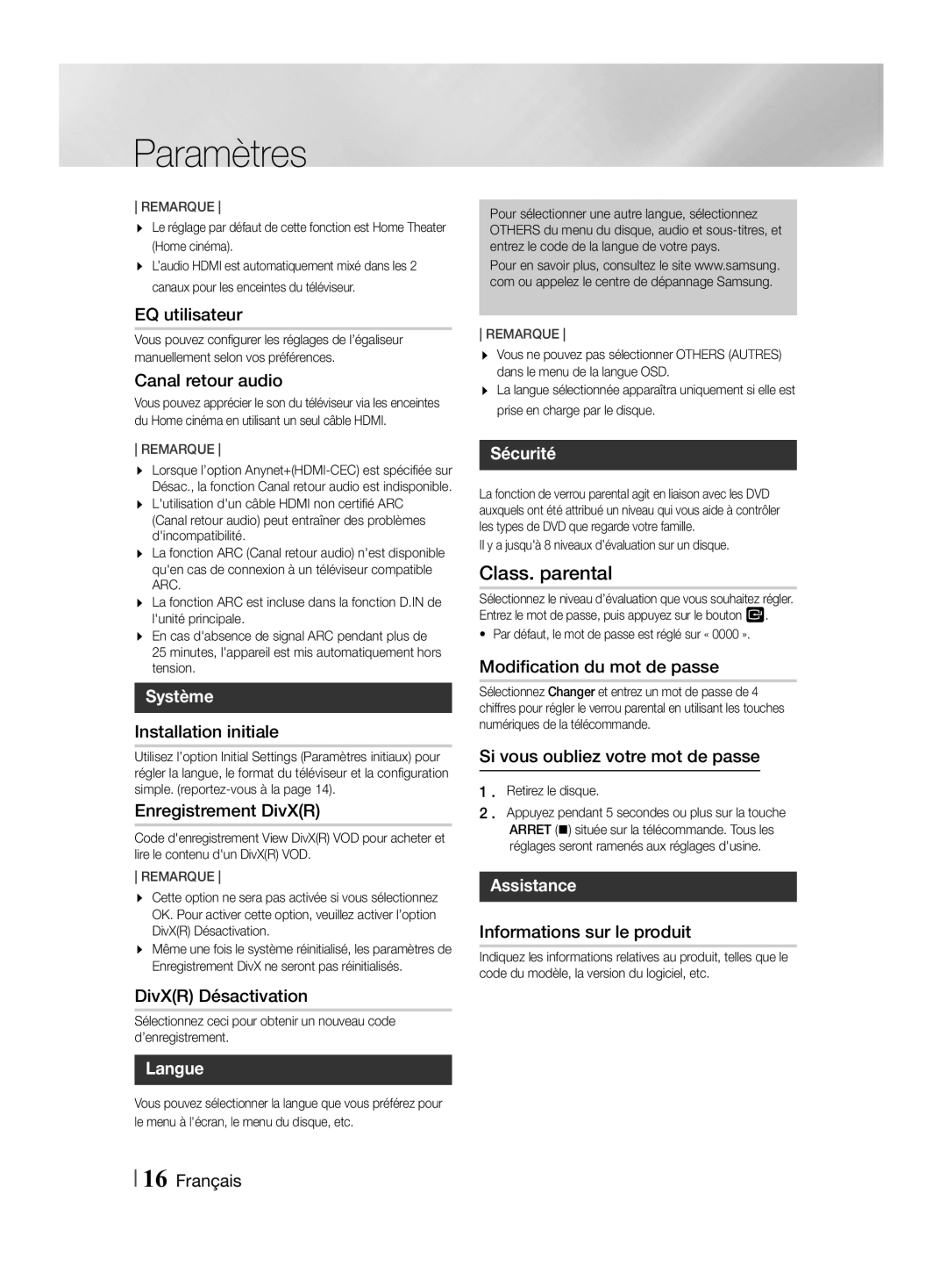 Samsung HT-F455/TK, HT-F455/EN manual Class. parental, Système, Langue, Sécurité, Assistance 