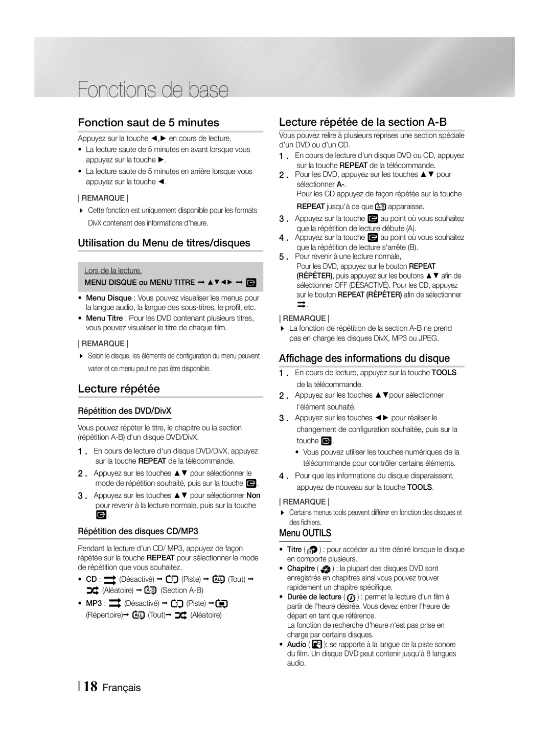 Samsung HT-F455/TK, HT-F455/EN manual Fonction saut de 5 minutes, Utilisation du Menu de titres/disques, Lecture répétée 