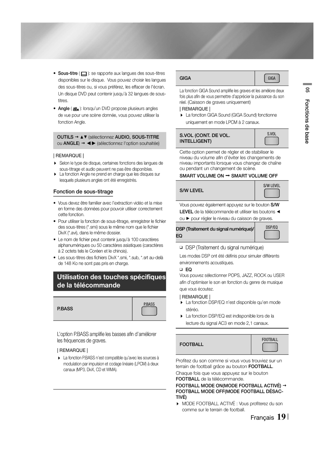 Samsung HT-F455/EN, HT-F455/TK manual Utilisation des touches spécifiques de la télécommande, Fonction de sous-titrage 