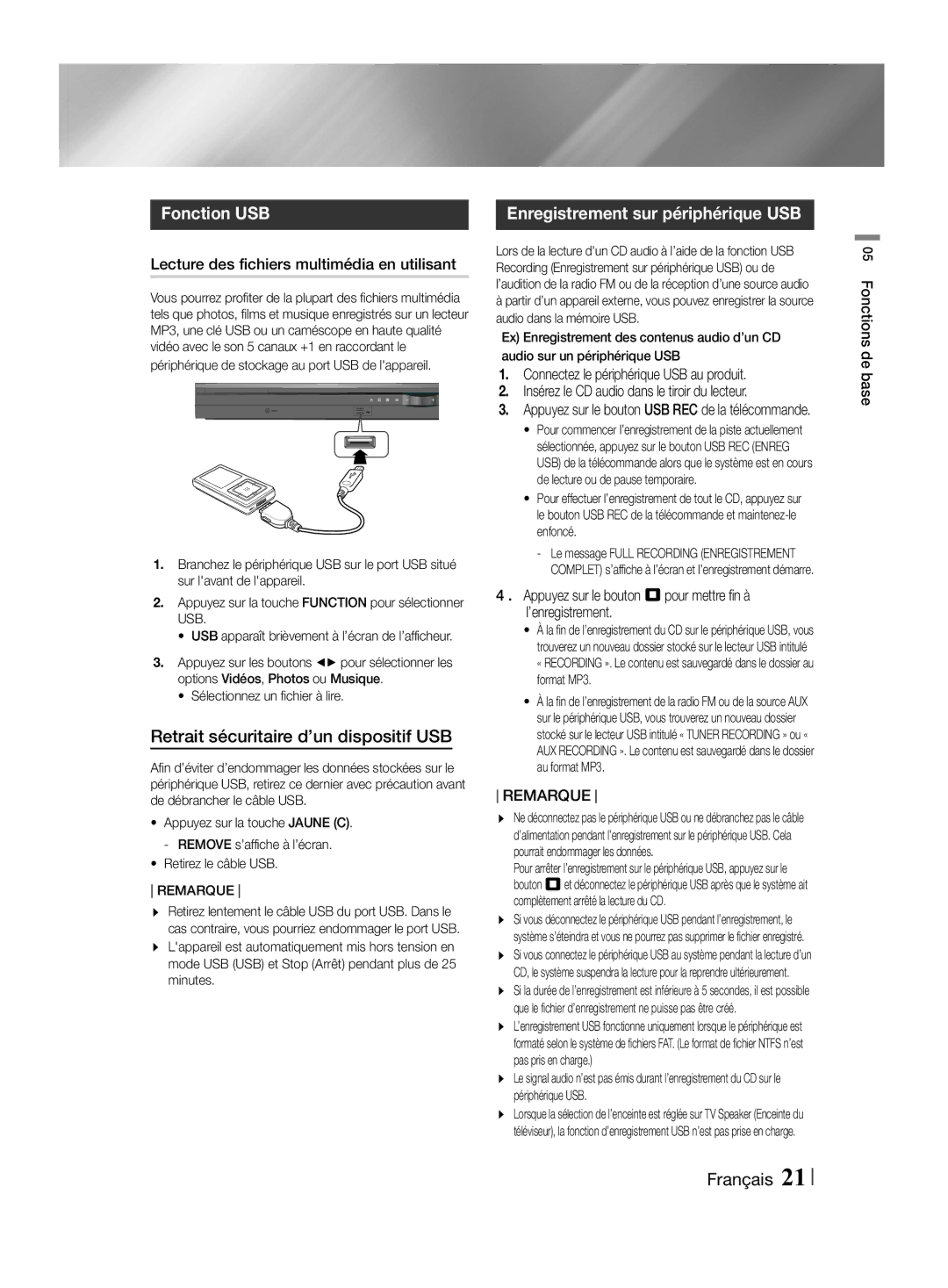 Samsung HT-F455/EN Fonction USB, Retrait sécuritaire d’un dispositif USB, Enregistrement sur périphérique USB, Remarque 