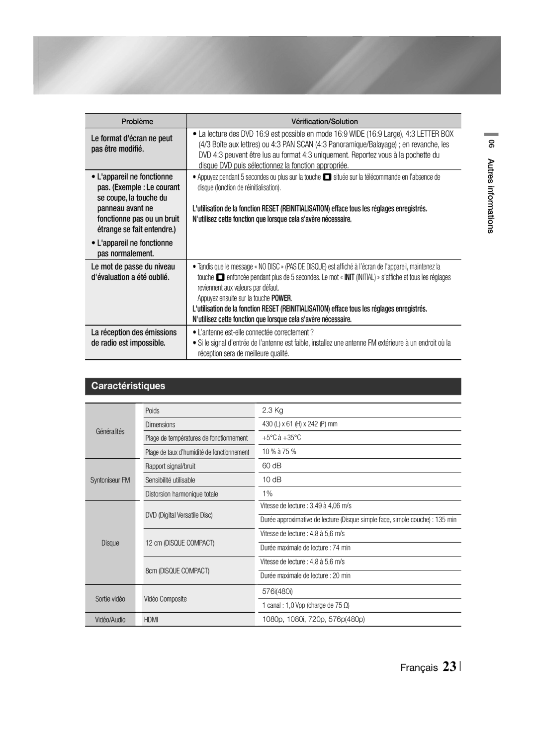 Samsung HT-F455/EN, HT-F455/TK manual Caractéristiques 