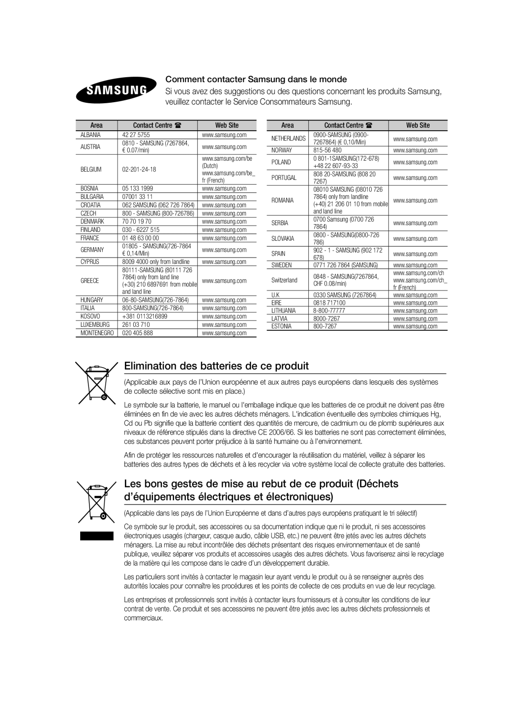 Samsung HT-F455/TK, HT-F455/EN manual Elimination des batteries de ce produit, Comment contacter Samsung dans le monde 