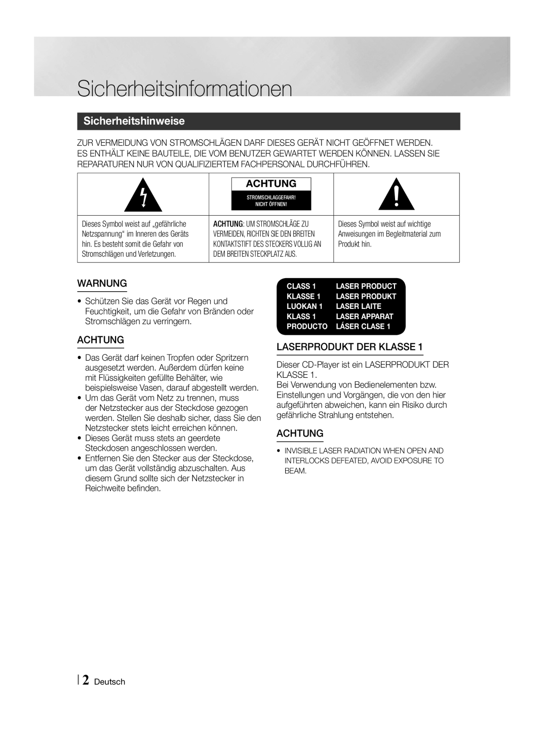 Samsung HT-F455/TK manual Sicherheitsinformationen, Sicherheitshinweise, Dieser CD-Player ist ein Laserprodukt DER Klasse 