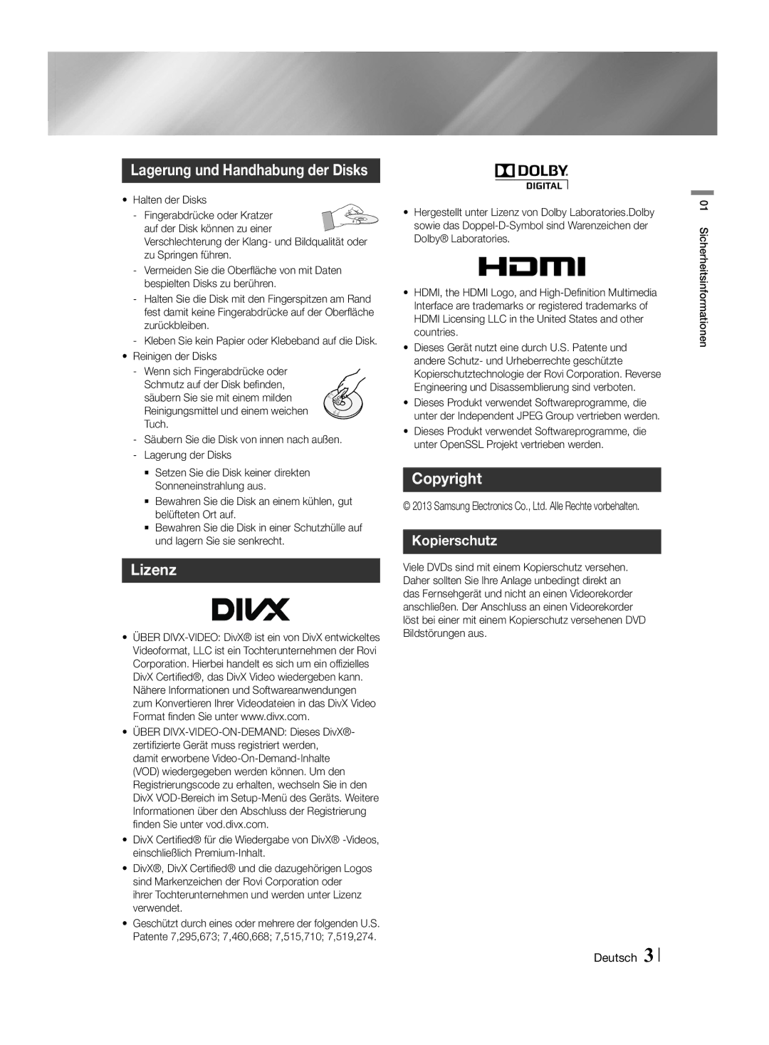 Samsung HT-F455/EN, HT-F455/TK manual Lizenz, Copyright, Lagerung und Handhabung der Disks, Kopierschutz 