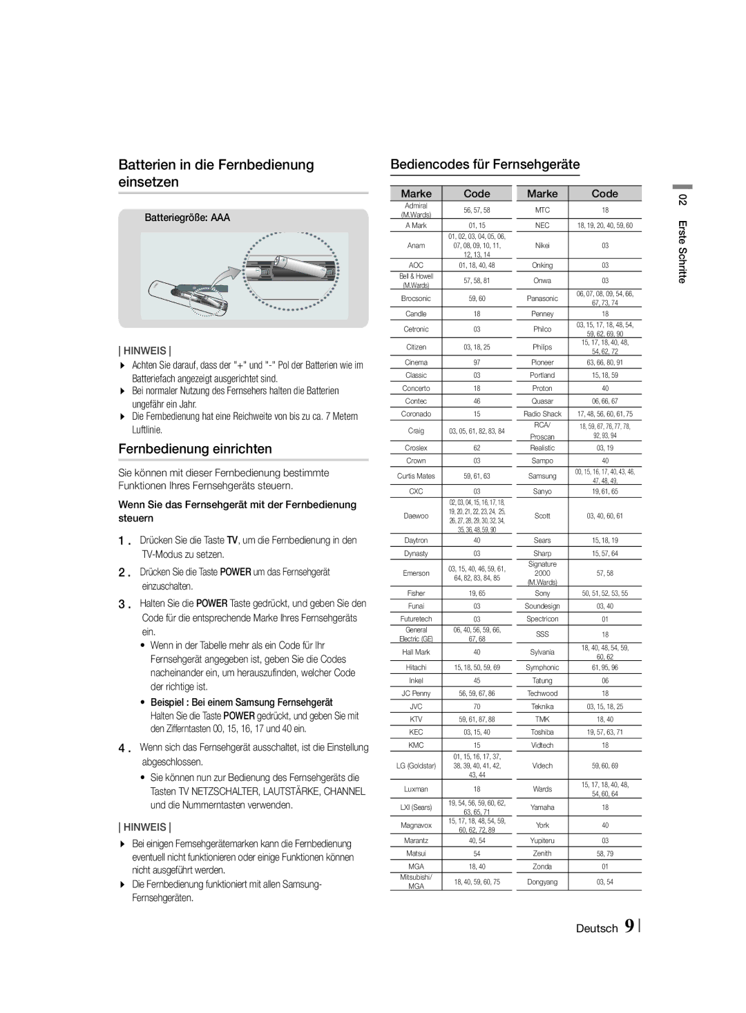 Samsung HT-F455/EN manual Batterien in die Fernbedienung einsetzen, Bediencodes für Fernsehgeräte, Fernbedienung einrichten 