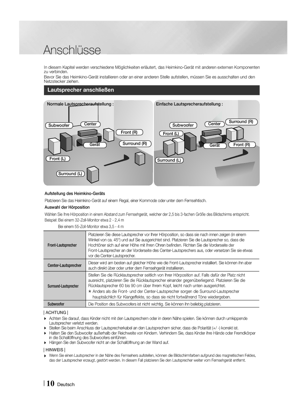 Samsung HT-F455/TK, HT-F455/EN manual Anschlüsse, Lautsprecher anschließen 