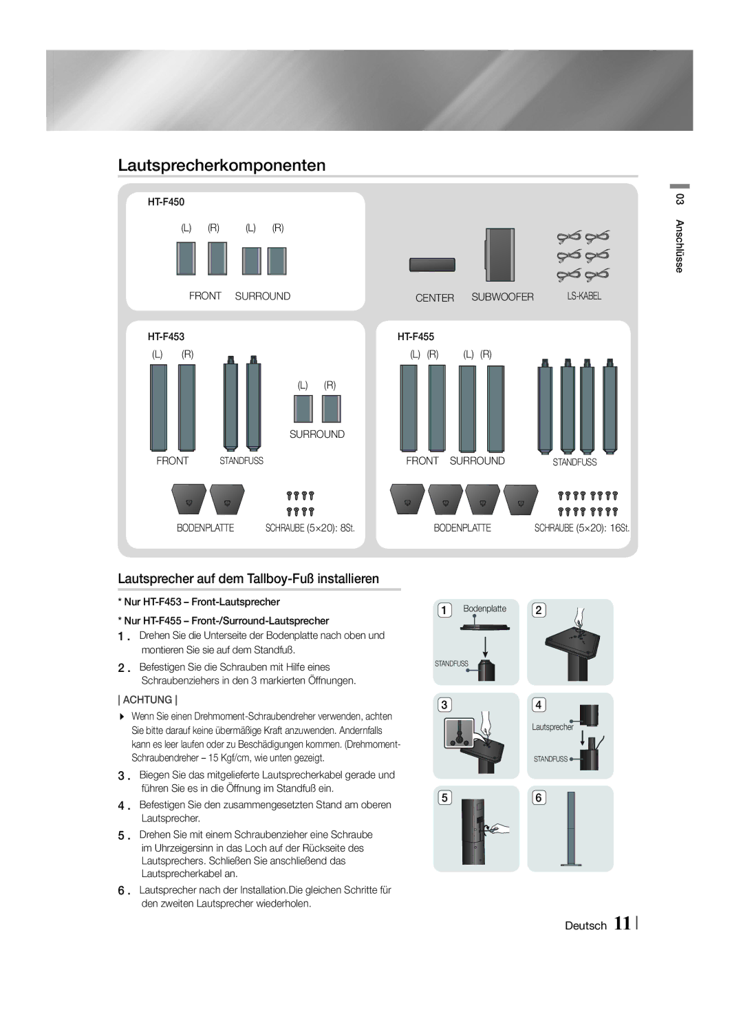 Samsung HT-F455/EN, HT-F455/TK Lautsprecher auf dem Tallboy-Fuß installieren, Front Surround Center Subwoofer, Bodenplatte 