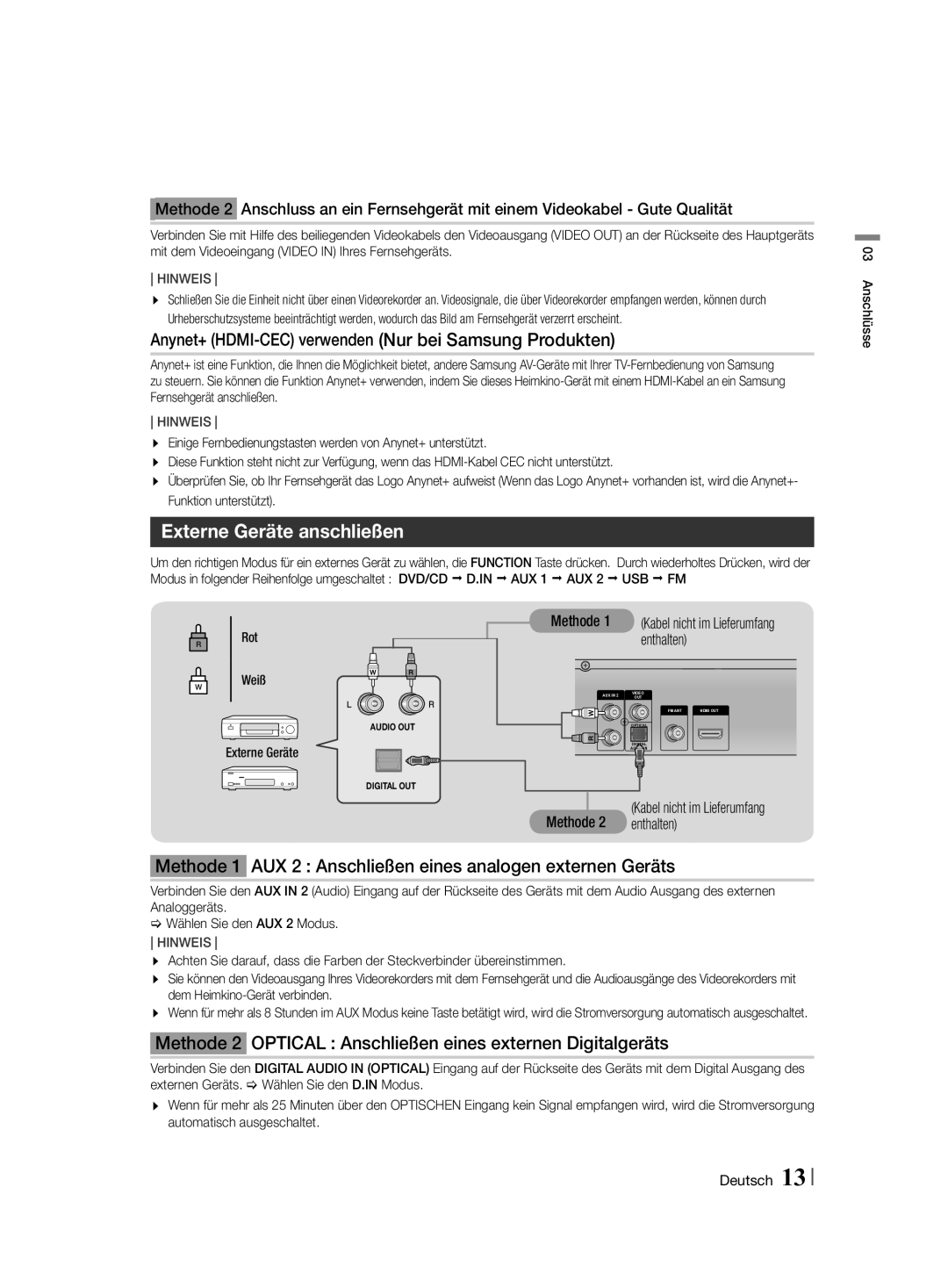 Samsung HT-F455/EN, HT-F455/TK manual Externe Geräte anschließen, Methode 1 AUX 2 Anschließen eines analogen externen Geräts 