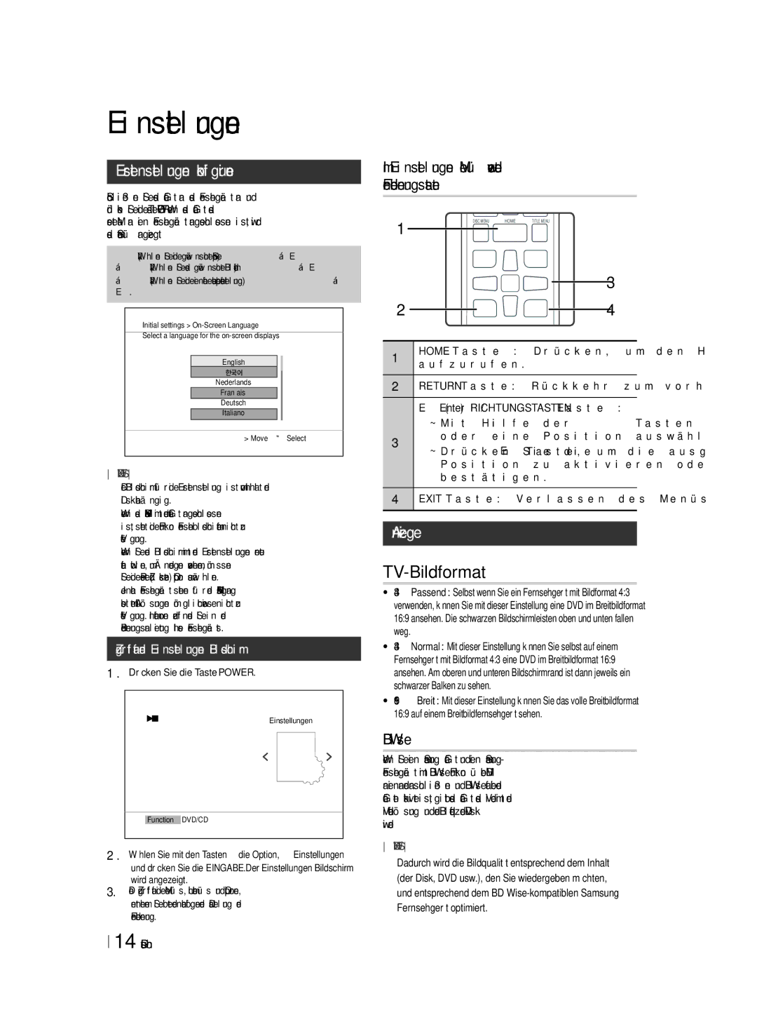 Samsung HT-F455/TK Ersteinstellungen konfigurieren, Im Einstellungen Menü verwendete Fernbedienungstasten, Anzeige 