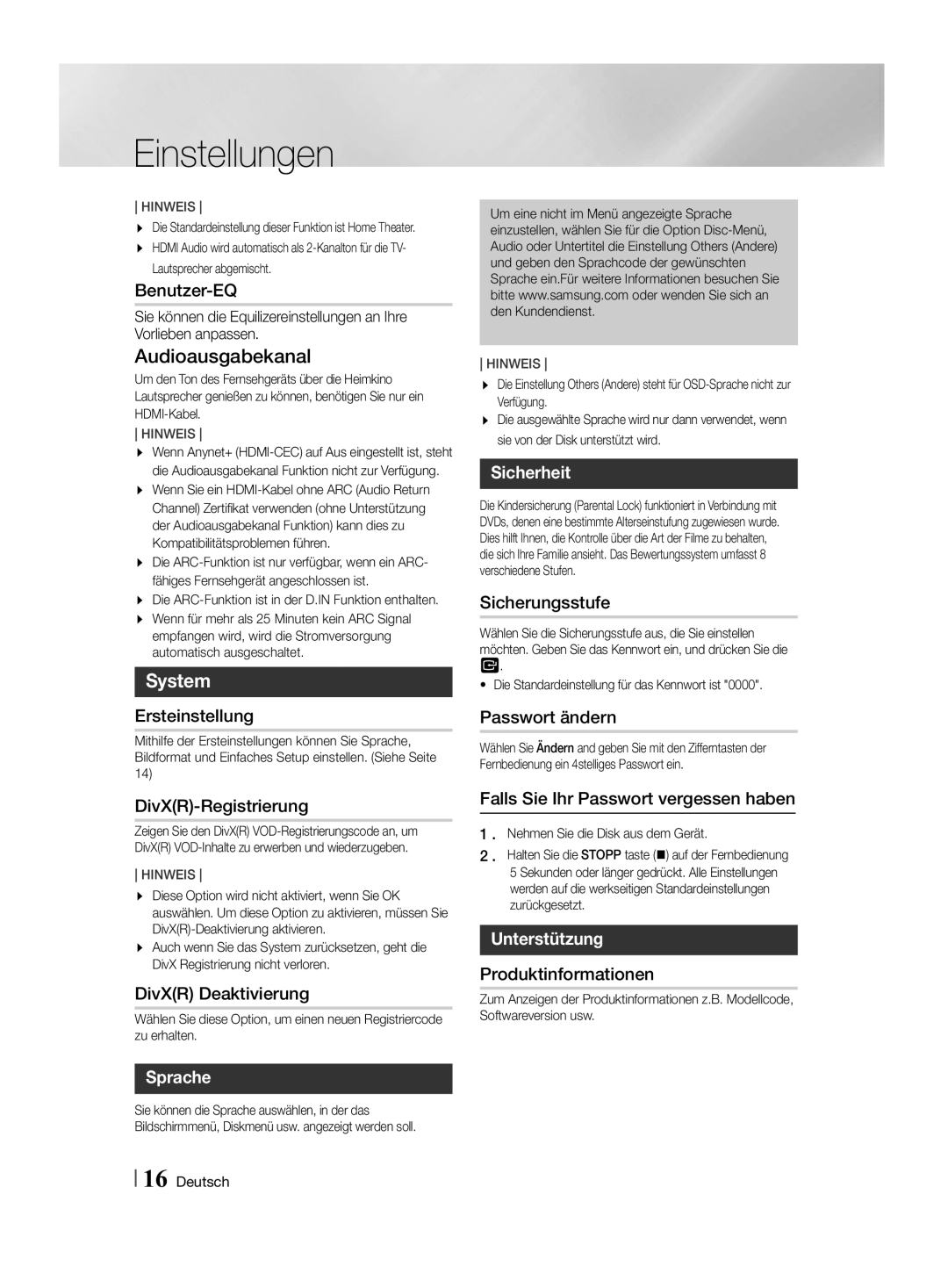 Samsung HT-F455/TK, HT-F455/EN manual Audioausgabekanal, Sprache, Sicherheit, Unterstützung 