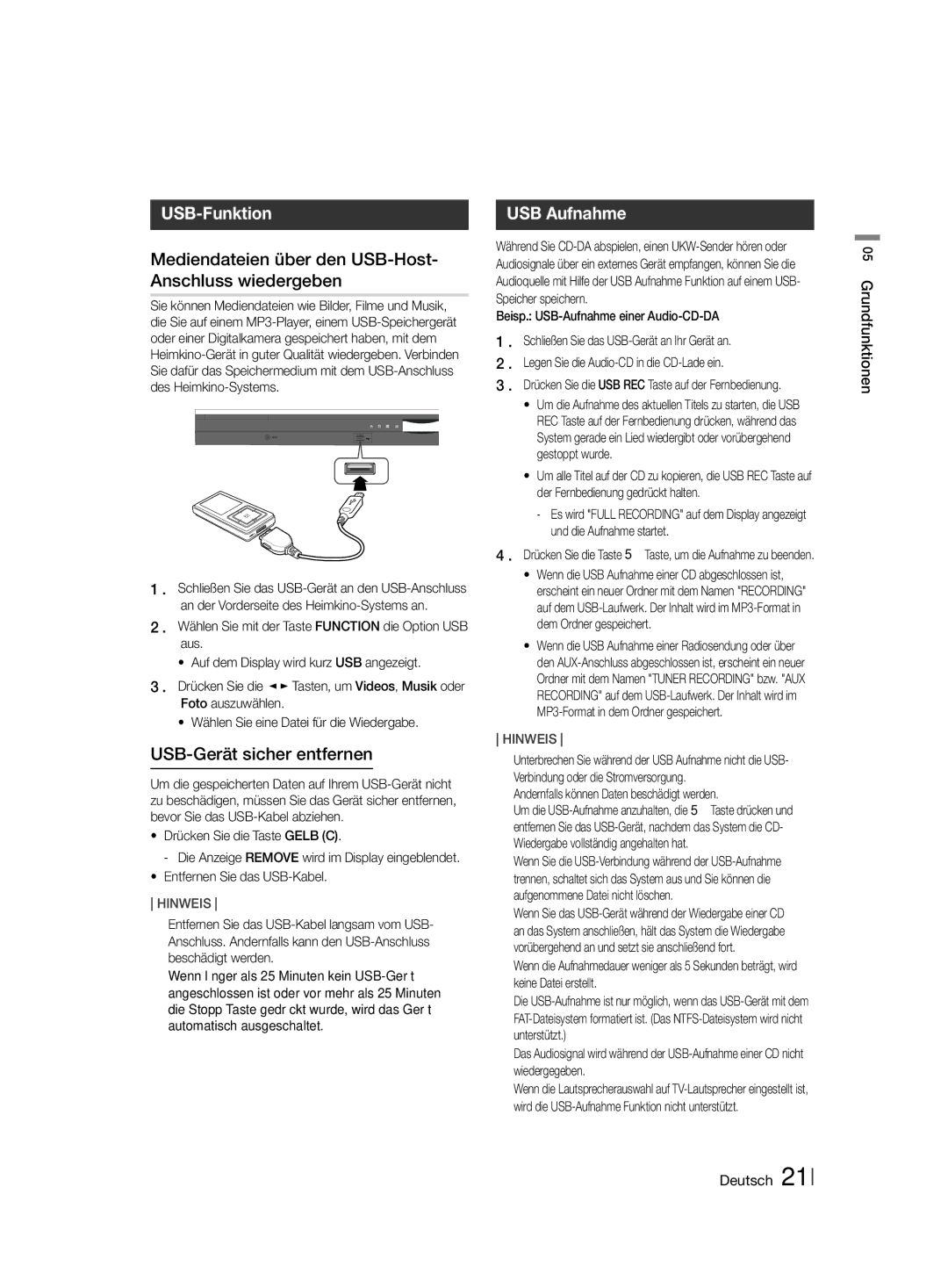 Samsung HT-F455/EN manual USB-Funktion, Mediendateien über den USB-Host- Anschluss wiedergeben, USB-Gerät sicher entfernen 