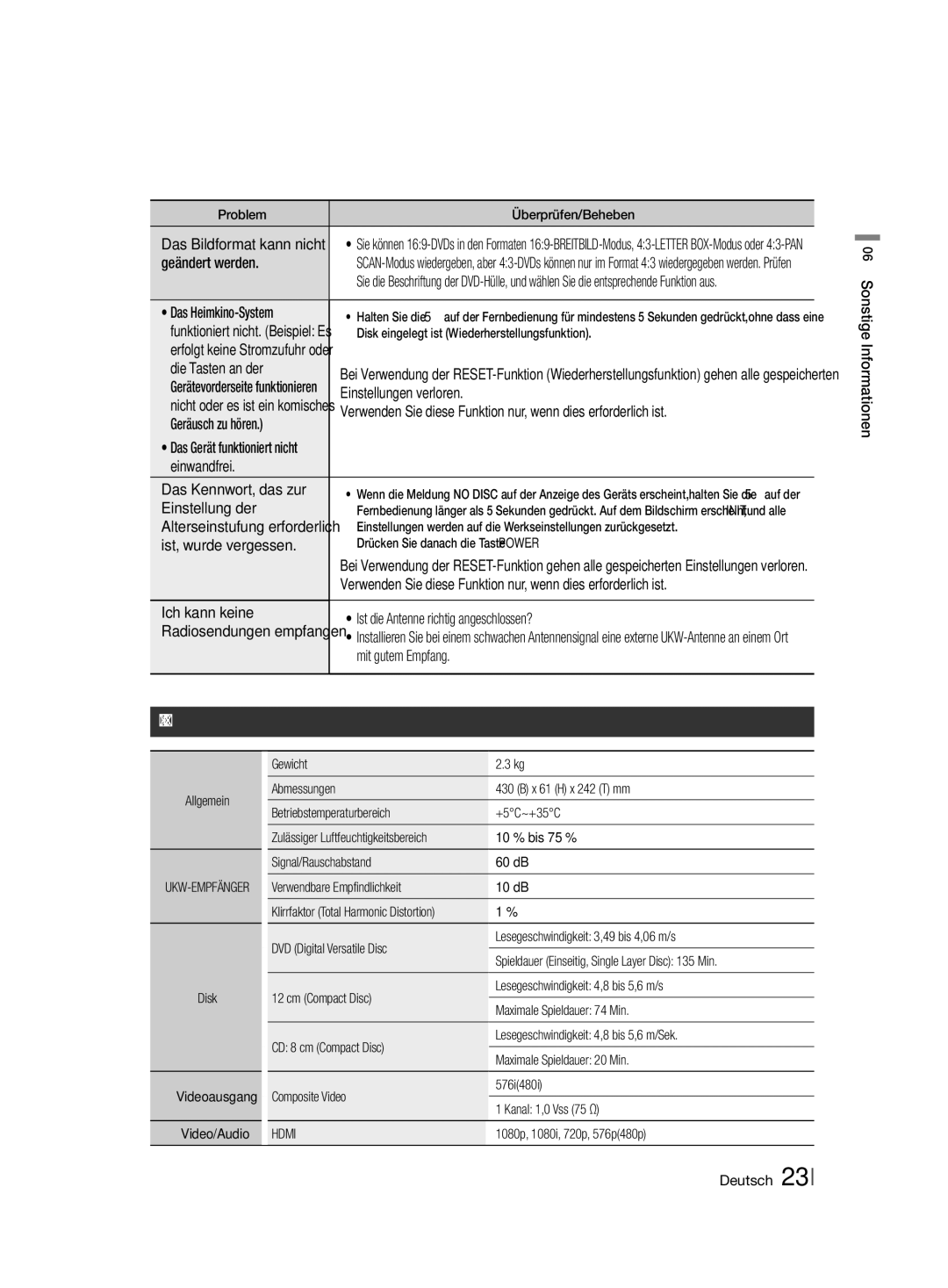 Samsung HT-F455/EN, HT-F455/TK manual Technische Daten 