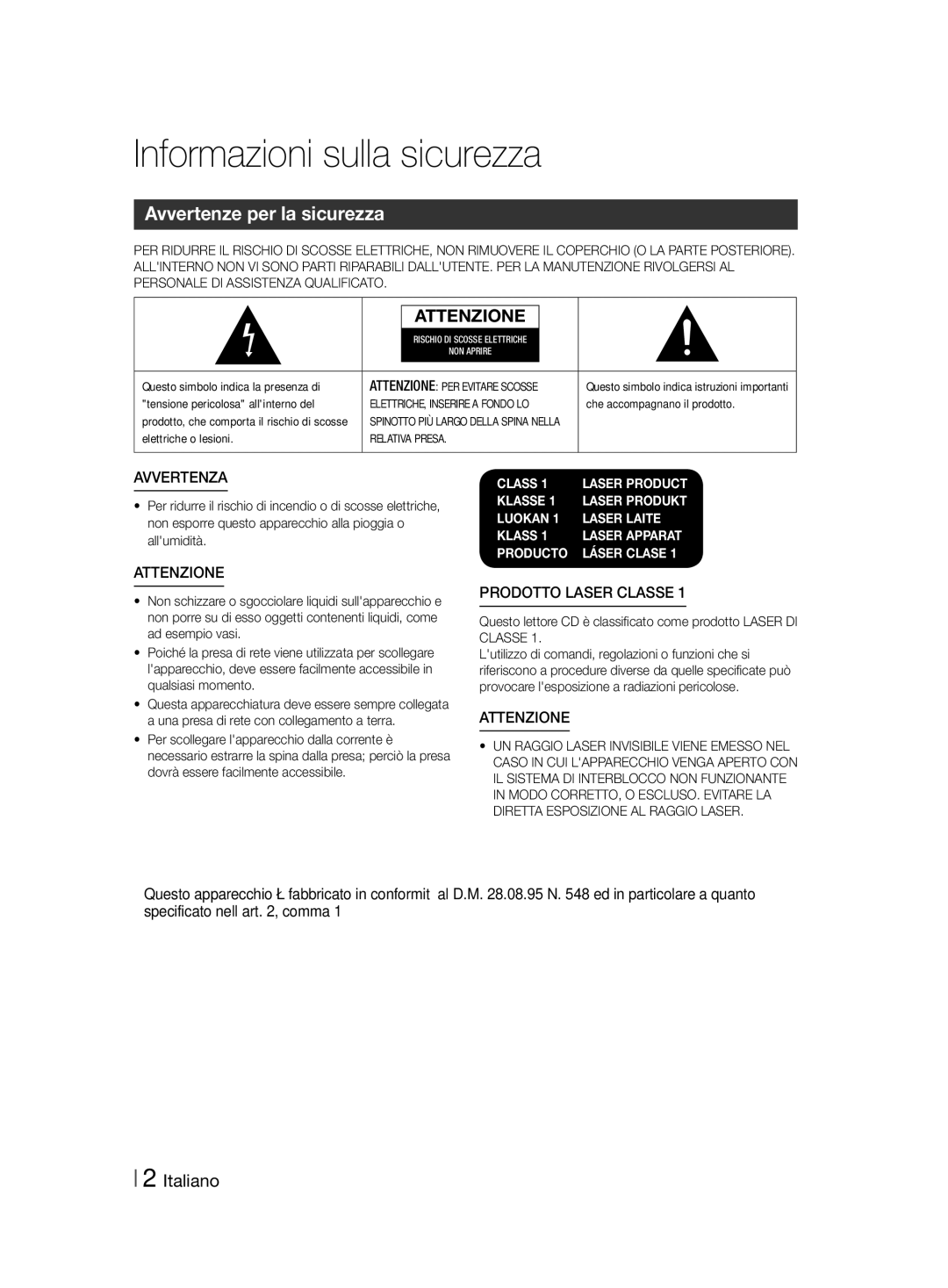 Samsung HT-F455/TK Informazioni sulla sicurezza, Avvertenze per la sicurezza, Italiano, Tensione pericolosa allinterno del 