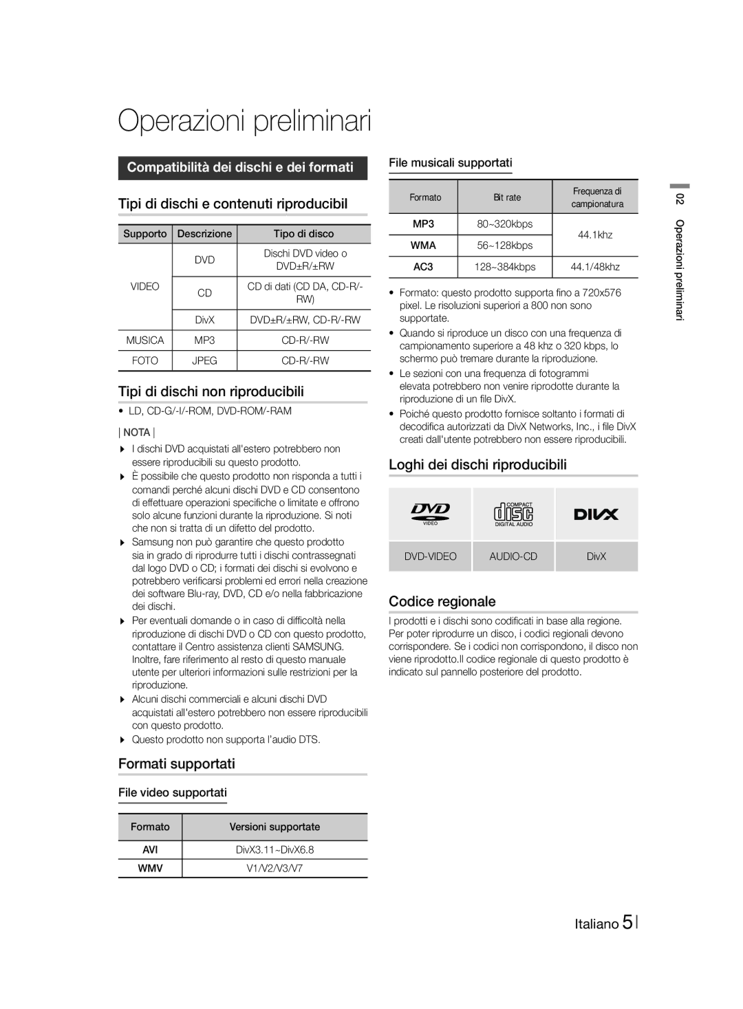 Samsung HT-F455/EN manual Tipi di dischi e contenuti riproducibil, Tipi di dischi non riproducibili, Formati supportati 