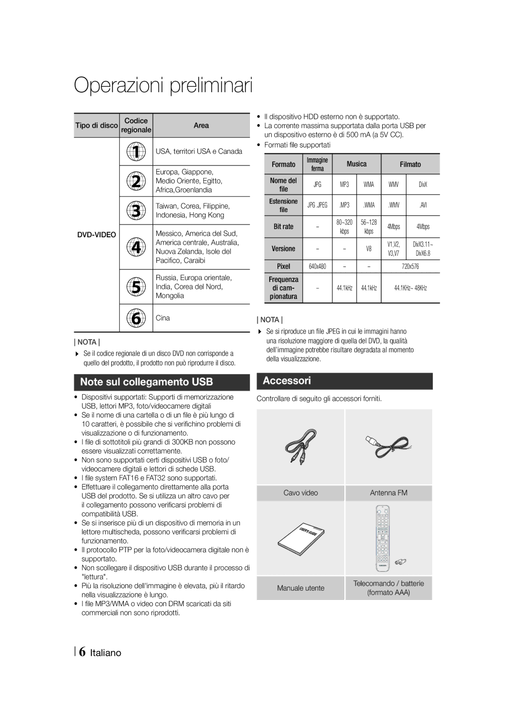 Samsung HT-F455/TK, HT-F455/EN manual Operazioni preliminari, Accessori 