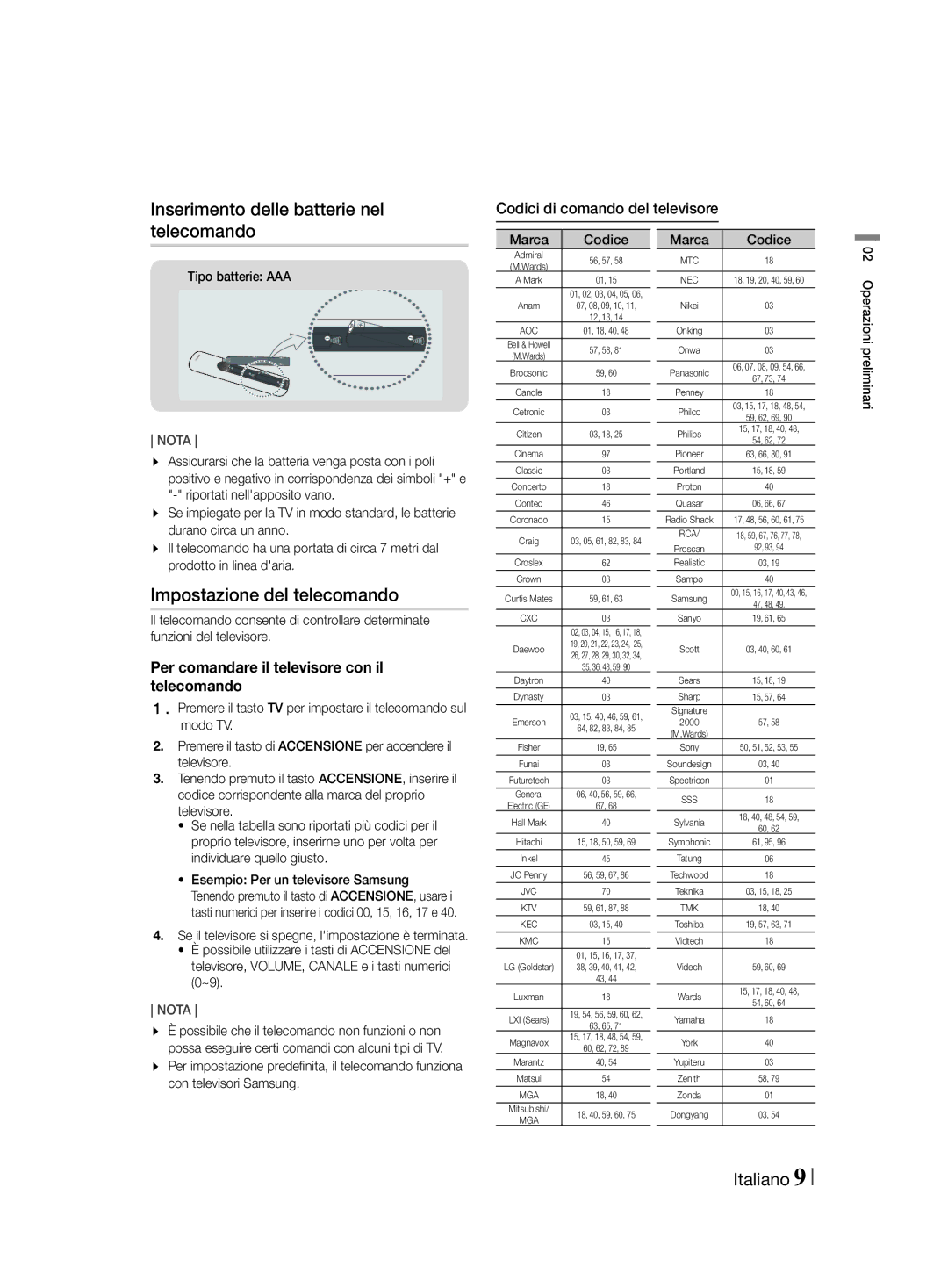 Samsung HT-F455/EN, HT-F455/TK Inserimento delle batterie nel telecomando, Impostazione del telecomando, Tipo batterie AAA 