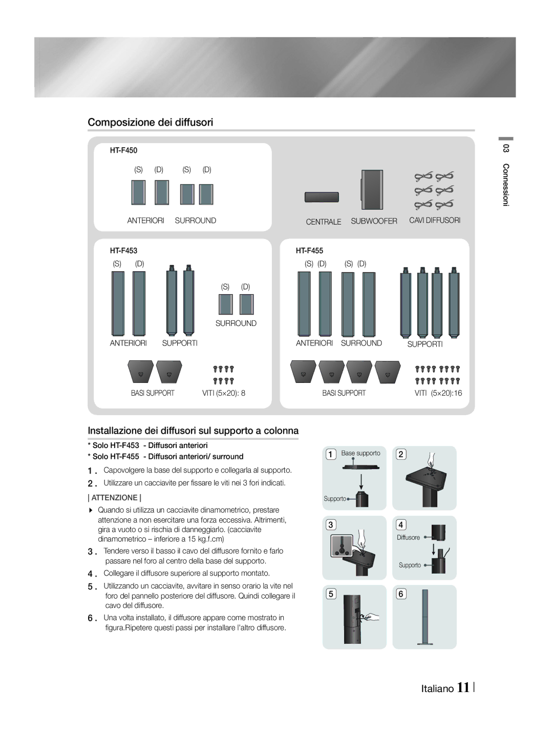 Samsung HT-F455/EN Composizione dei diffusori, Installazione dei diffusori sul supporto a colonna, Anteriori, Basi Support 