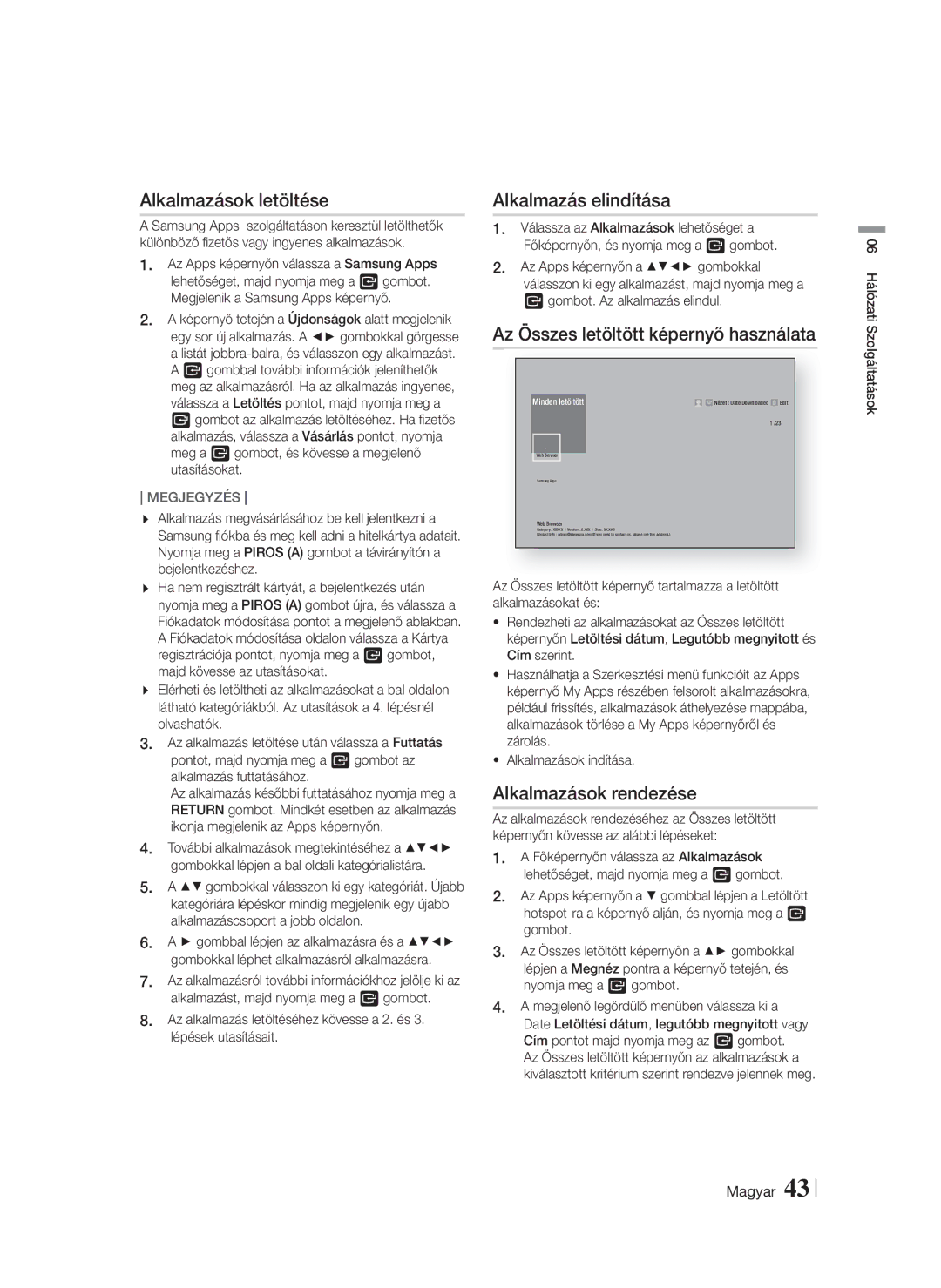 Samsung HT-F5200/EN manual Alkalmazások letöltése, Alkalmazás elindítása, Az Összes letöltött képernyő használata 