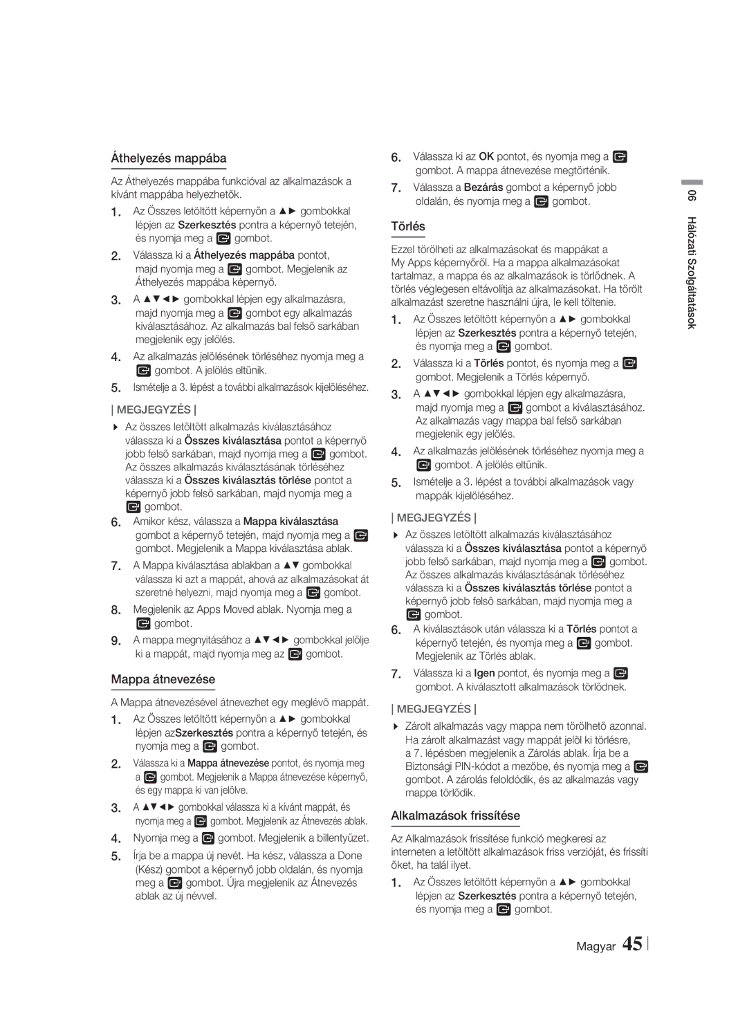 Samsung HT-F5200/EN manual Áthelyezés mappába, Mappa átnevezése, Törlés, Alkalmazások frissítése 