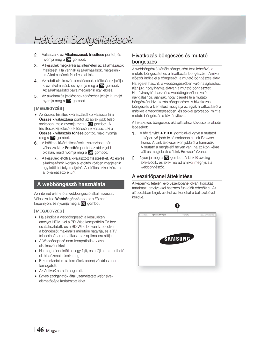 Samsung HT-F5200/EN manual Webböngésző használata, Hivatkozás böngészés és mutató böngészés, Vezérlőpanel áttekintése 