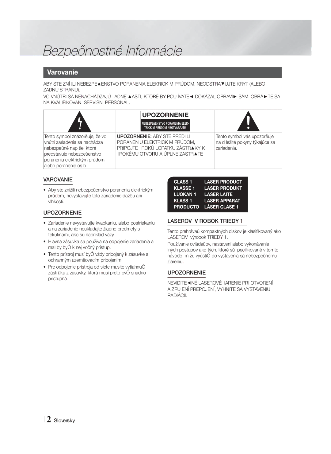 Samsung HT-F5200/EN manual Bezpečnostné Informácie, Varovanie, Upozornenie ABY STE Predišli, Poraneniu Elektrickým Prúdom 