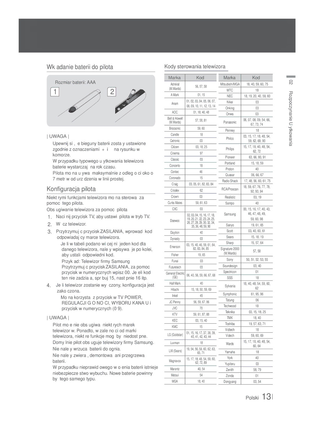 Samsung HT-F5200/EN Wkładanie baterii do pilota, Konfiguracja pilota, Kody sterowania telewizora, Rozmiar baterii AAA 