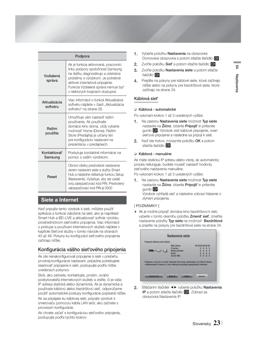 Samsung HT-F5200/EN manual Siete a Internet, Konfigurácia vášho sieťového pripojenia, Káblová sieť 