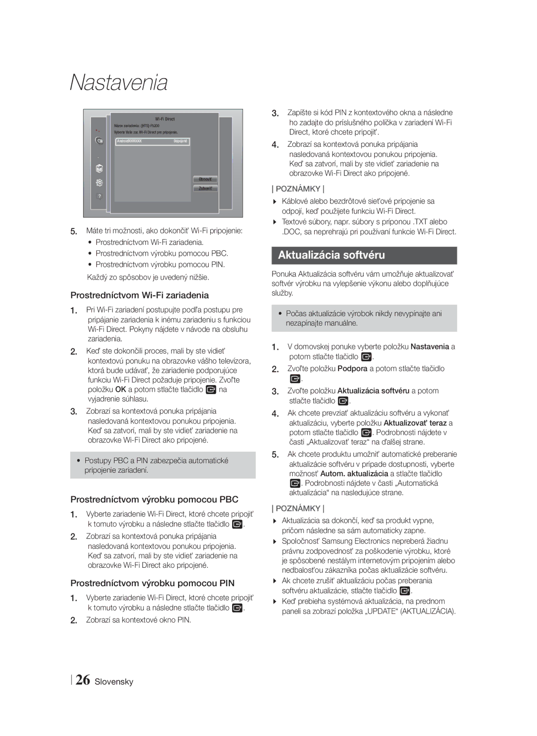 Samsung HT-F5200/EN manual Aktualizácia softvéru, Prostredníctvom Wi-Fi zariadenia, Prostredníctvom výrobku pomocou PBC 